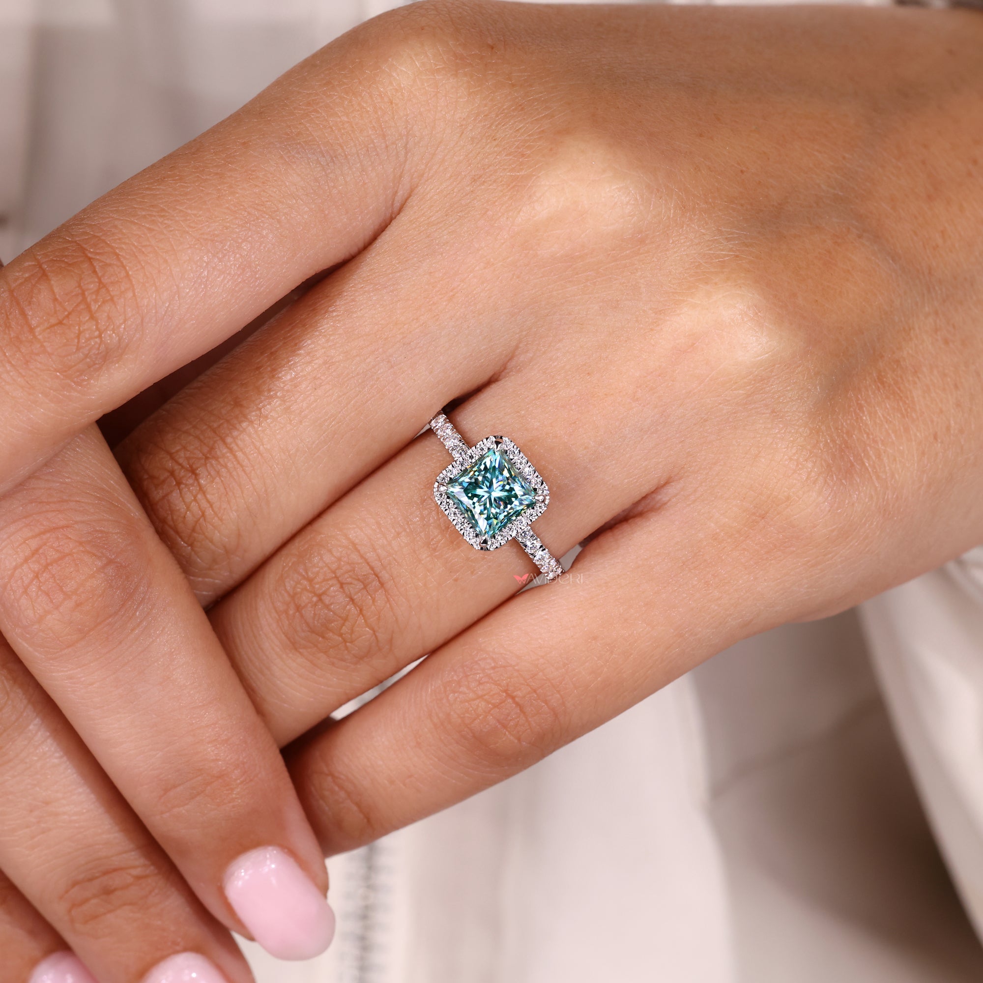 Princess moissanite ring, round pave ring, moissanite engagement ring