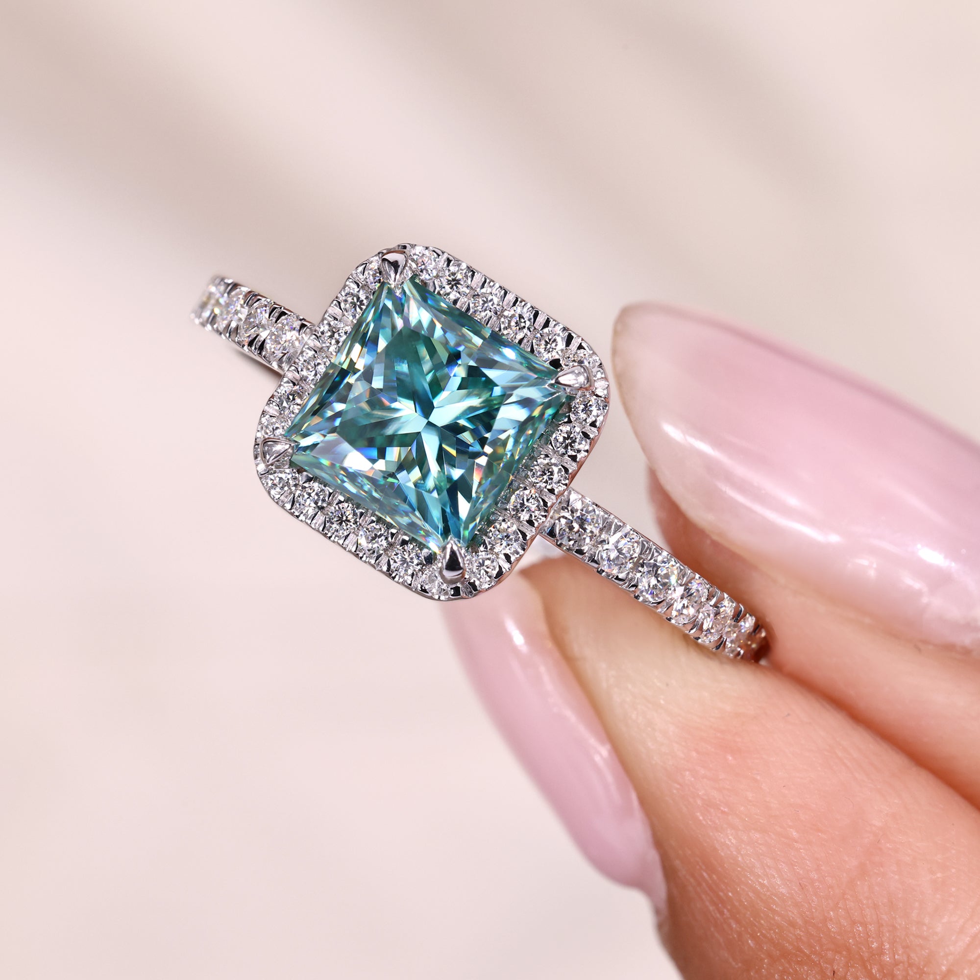 Princess cut ring, halo engagement ring, moissanite wedding ring