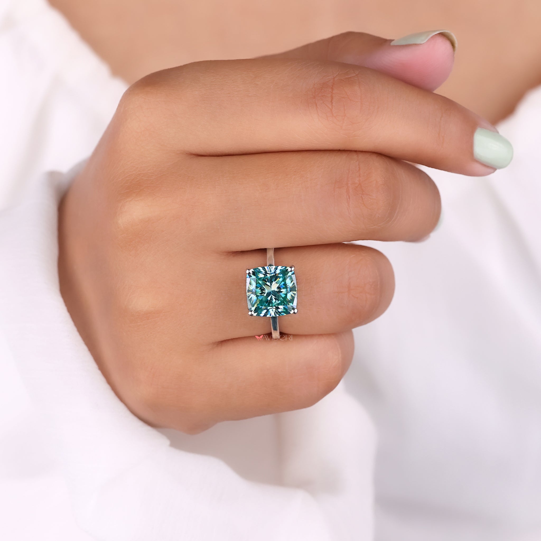 Cushion Cut Engagement Ring In Cyan Blue Moissanite