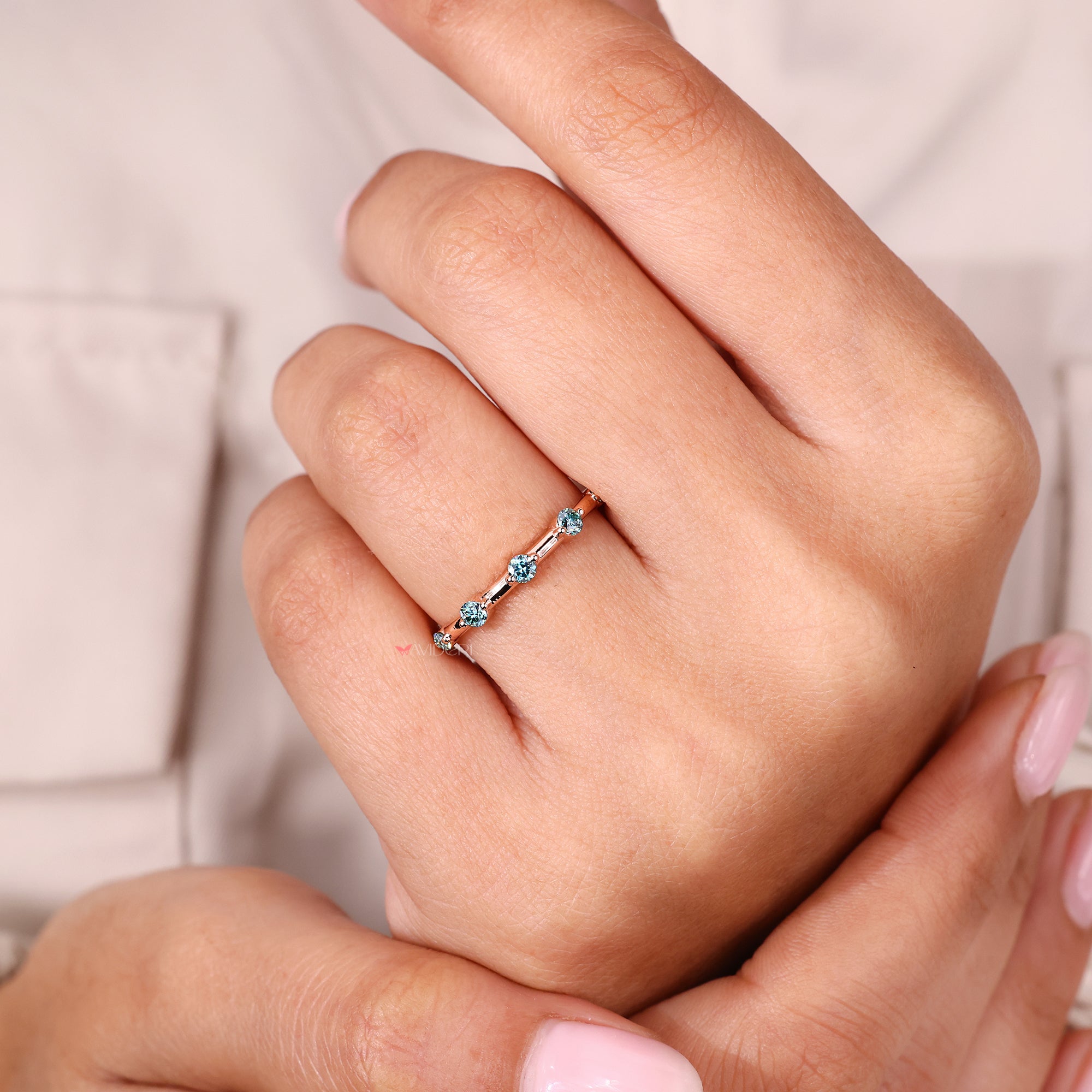 Cyan Blue Round Cut Rose Gold Wedding Band