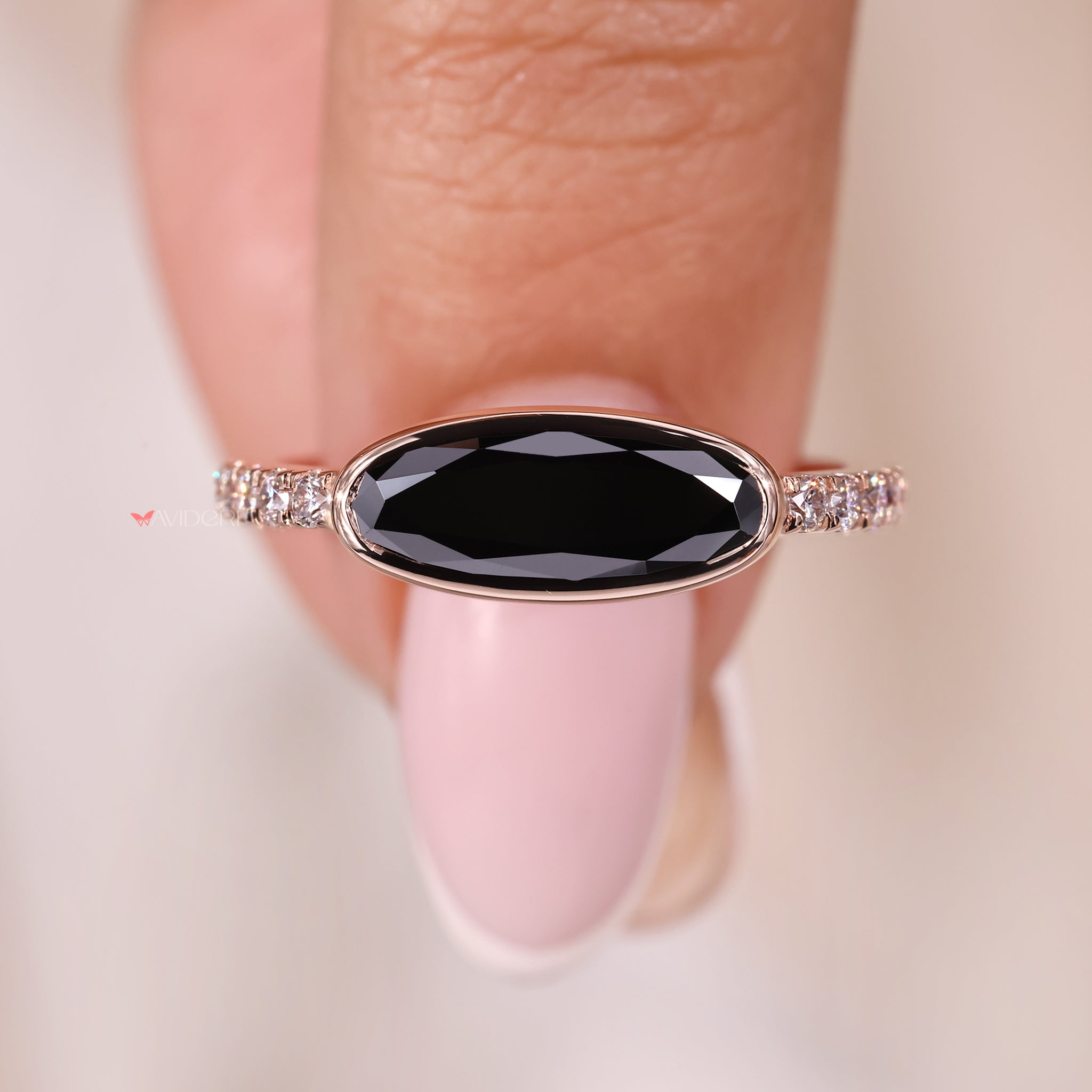 Moval cut ring, pave engagement ring, black diamond ring.