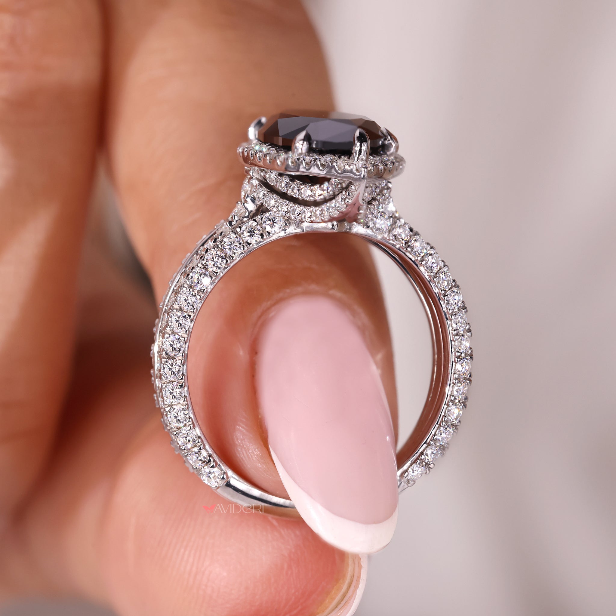 White gold engagement ring, halo setting ring, pave engagement ring.
