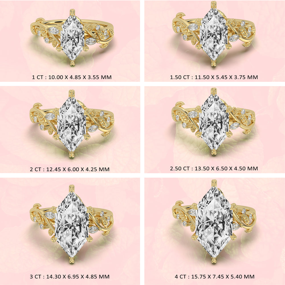 Collage of gold rings with 1 to 4 CT Dutch marquise-shaped diamonds on a pink background.