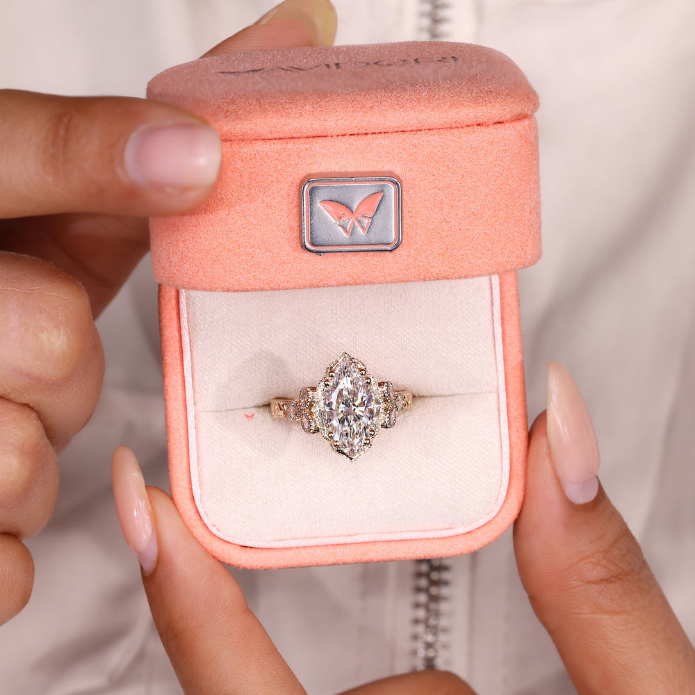 Marquise cut lab diamond ring with vintage style details
