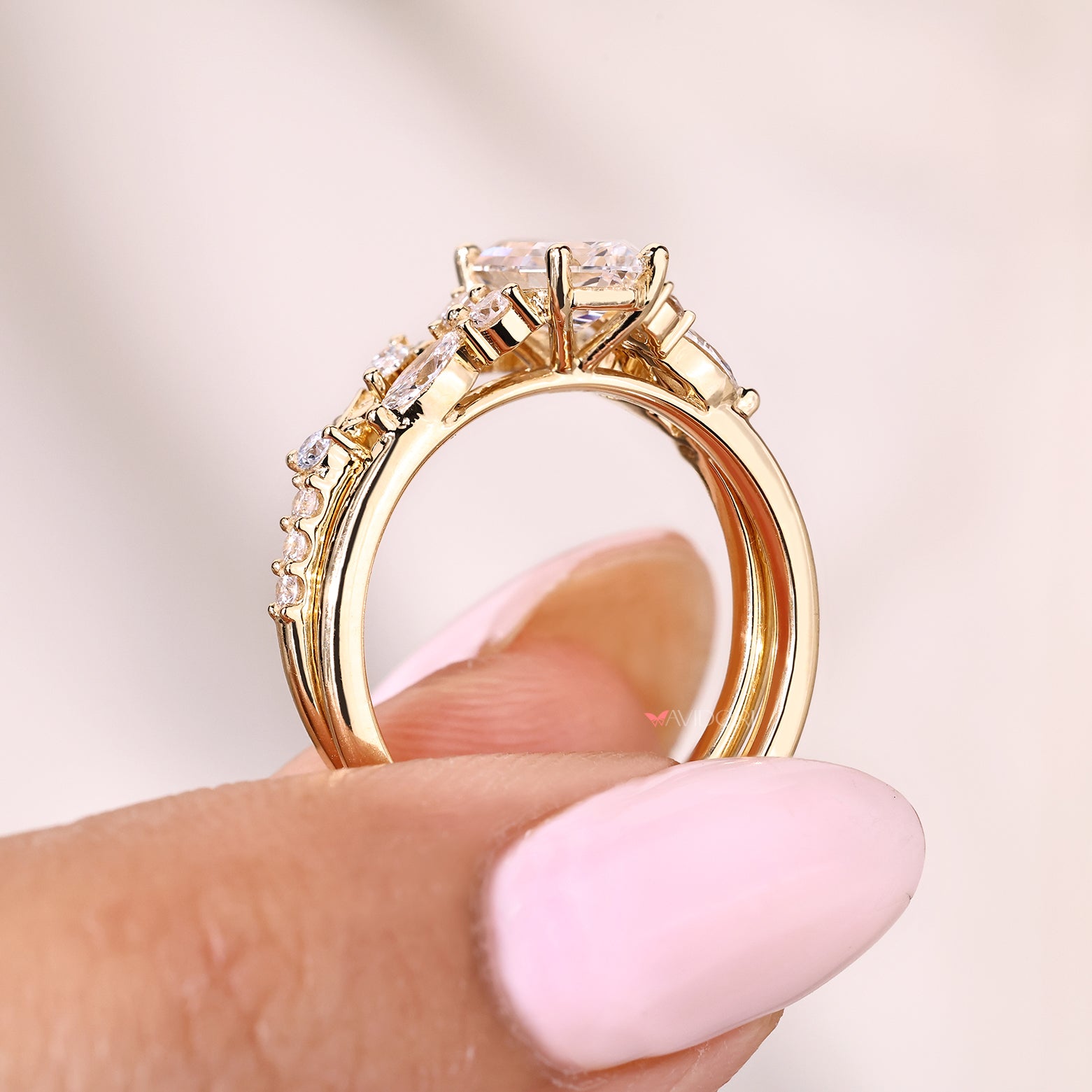 Hexagon step cut diamond ring with curved wedding band set
