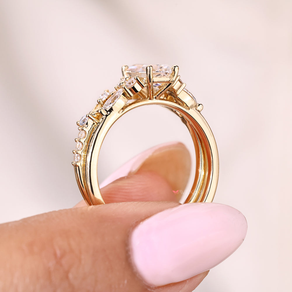 Hexagon step cut diamond ring with curved wedding band set
