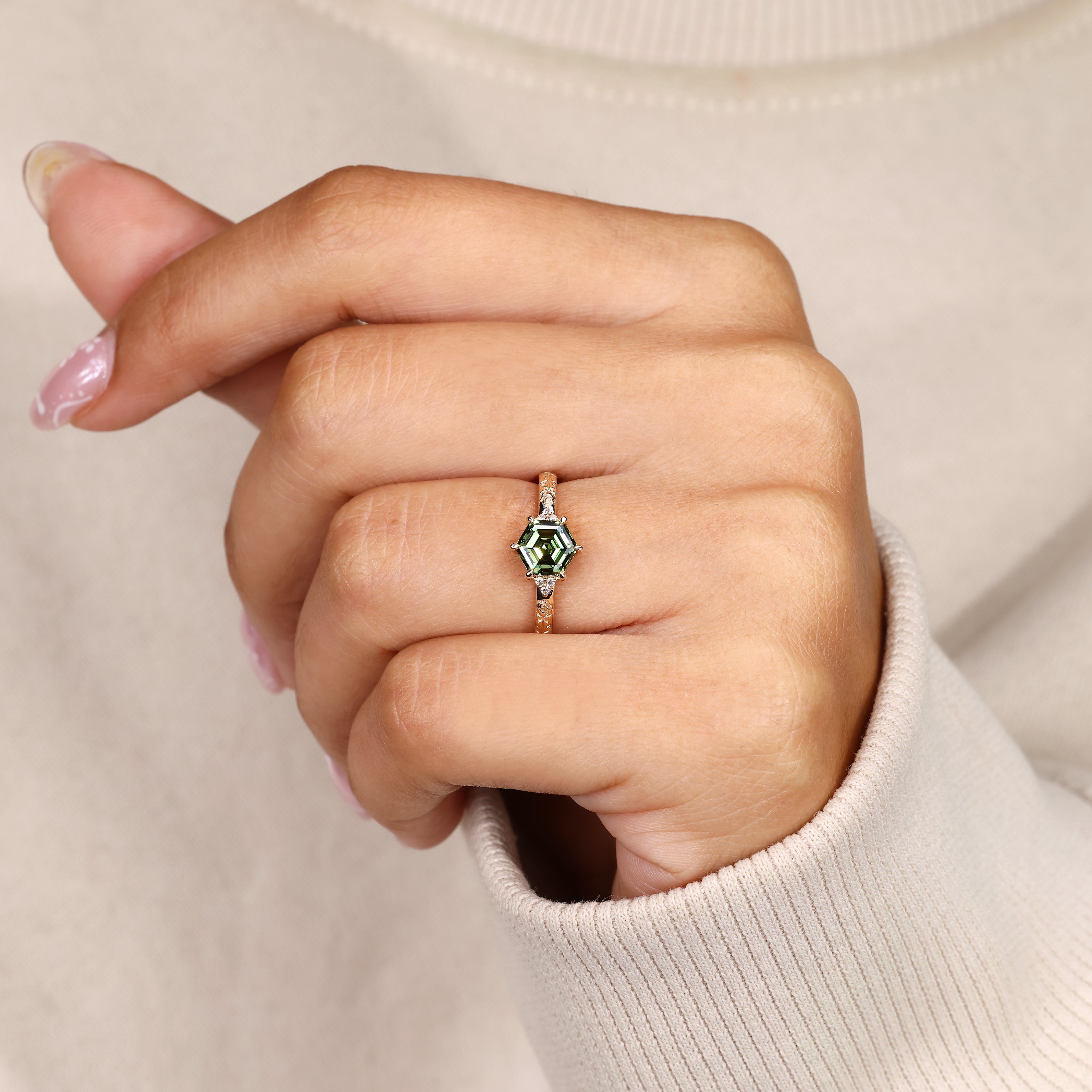 Vintage hexagon engagement ring with Muse setting.
