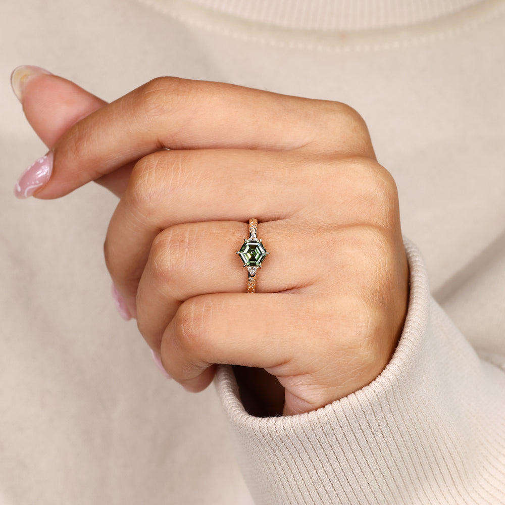 Vintage hexagon engagement ring with Muse setting.
