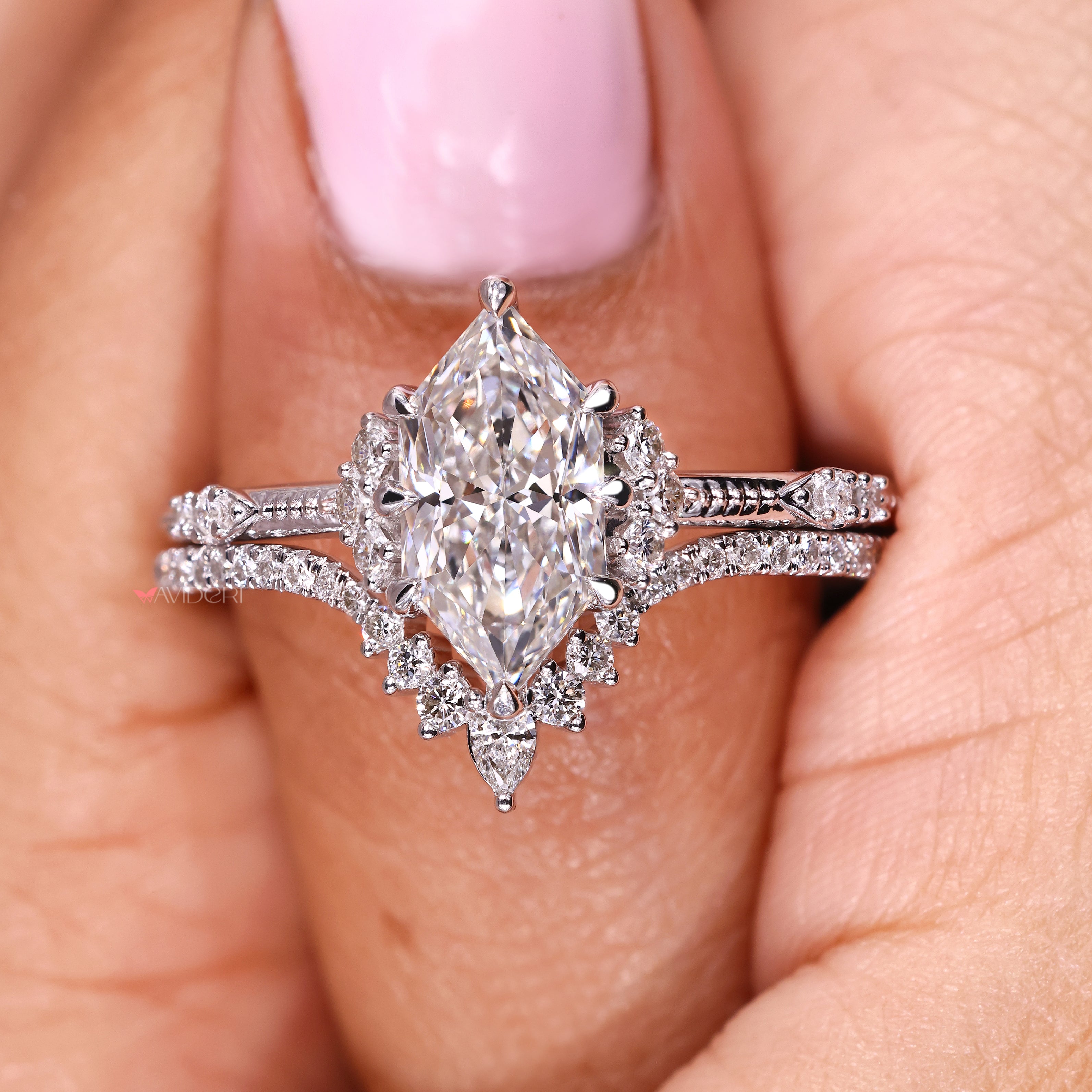 Vintage diamond bridal set with curved matching wedding band
