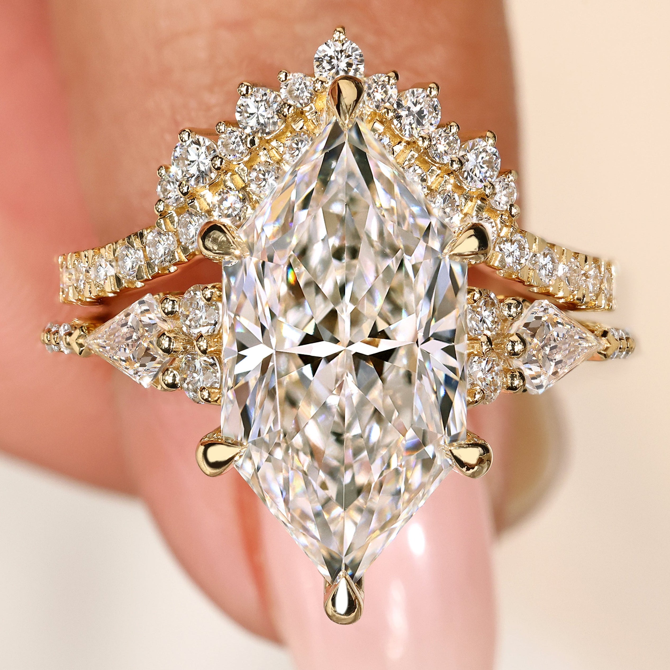 Dutch marquise diamond ring with curved band.
