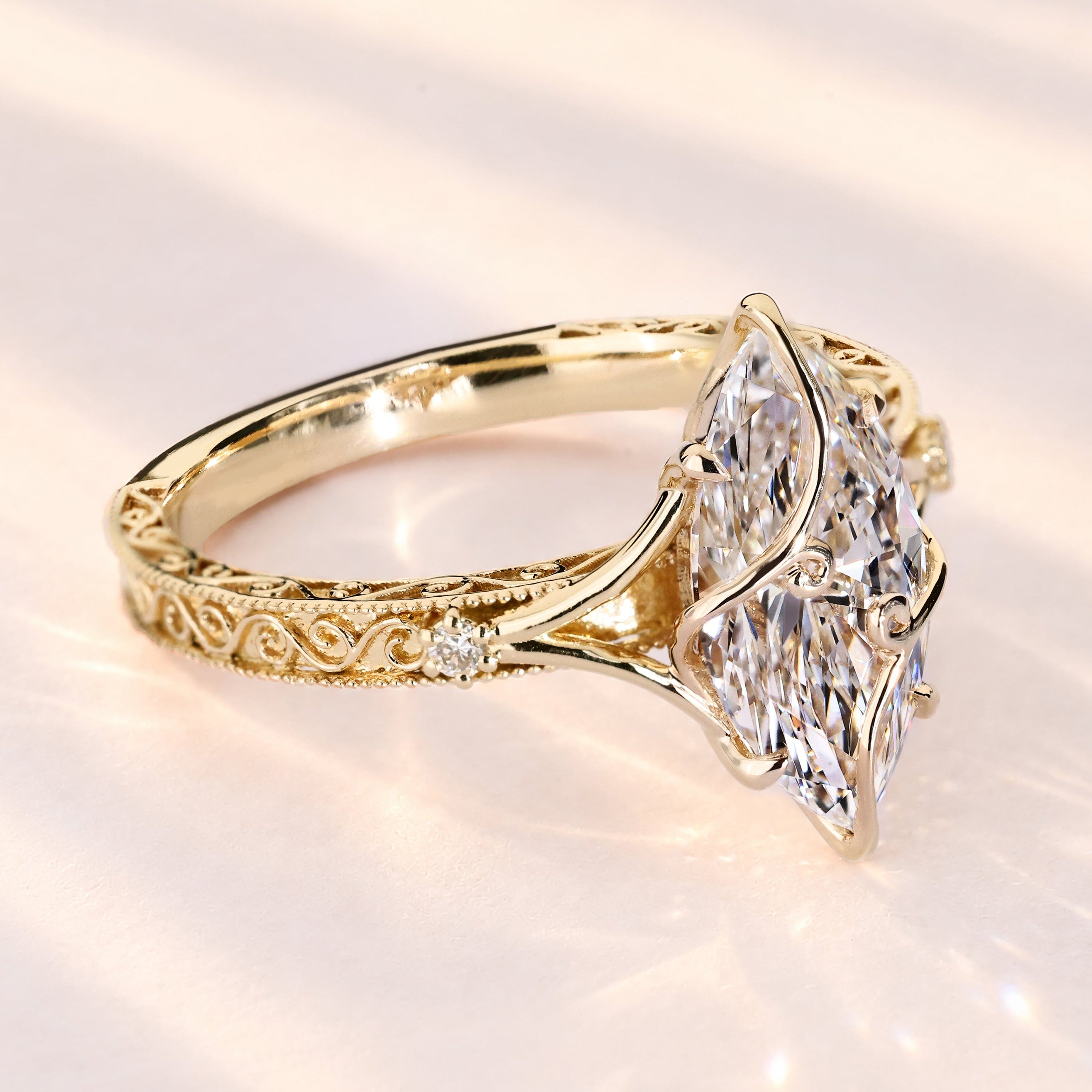 Marquise cut ring with nature inspired details.
