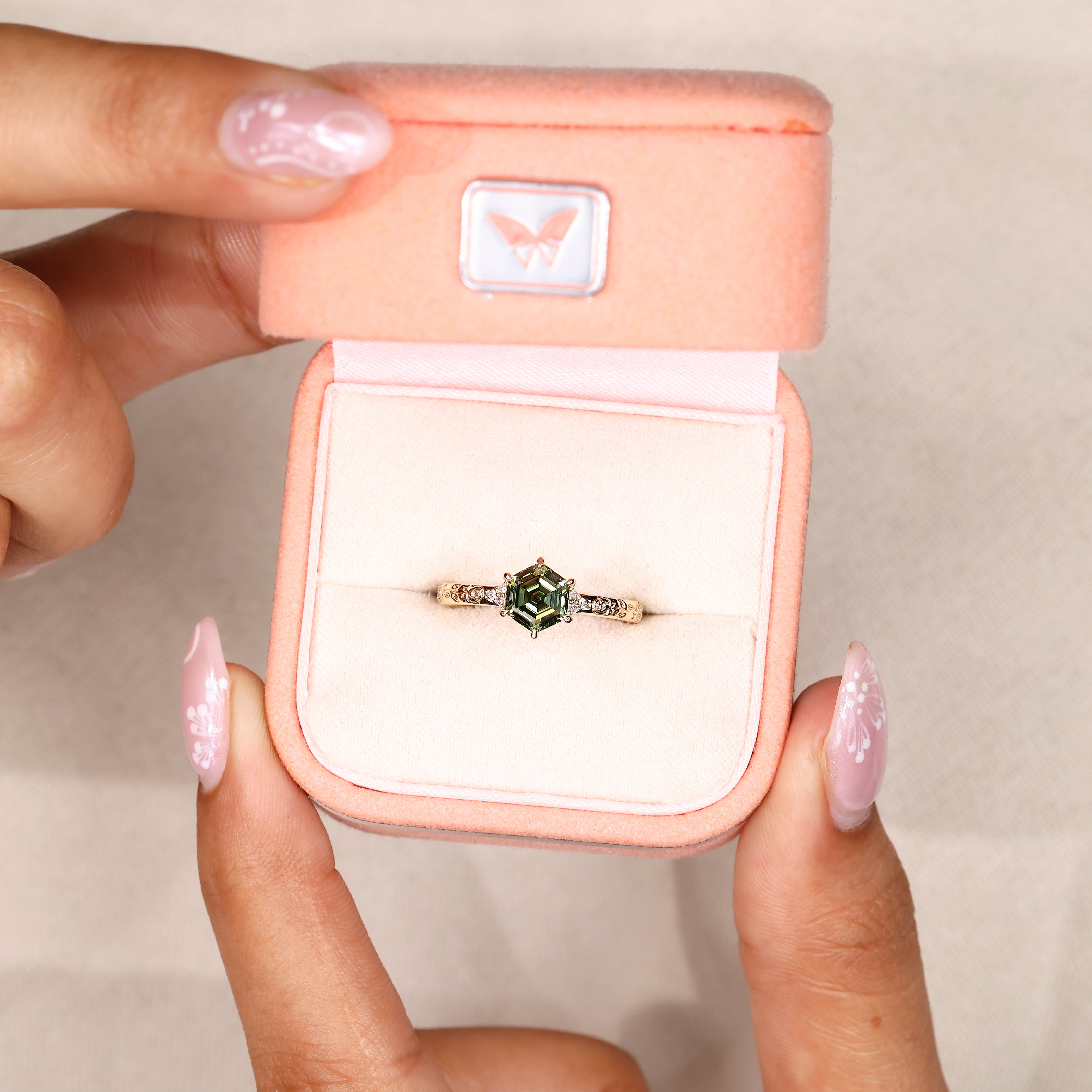 Nature inspired green diamond engagement ring.
