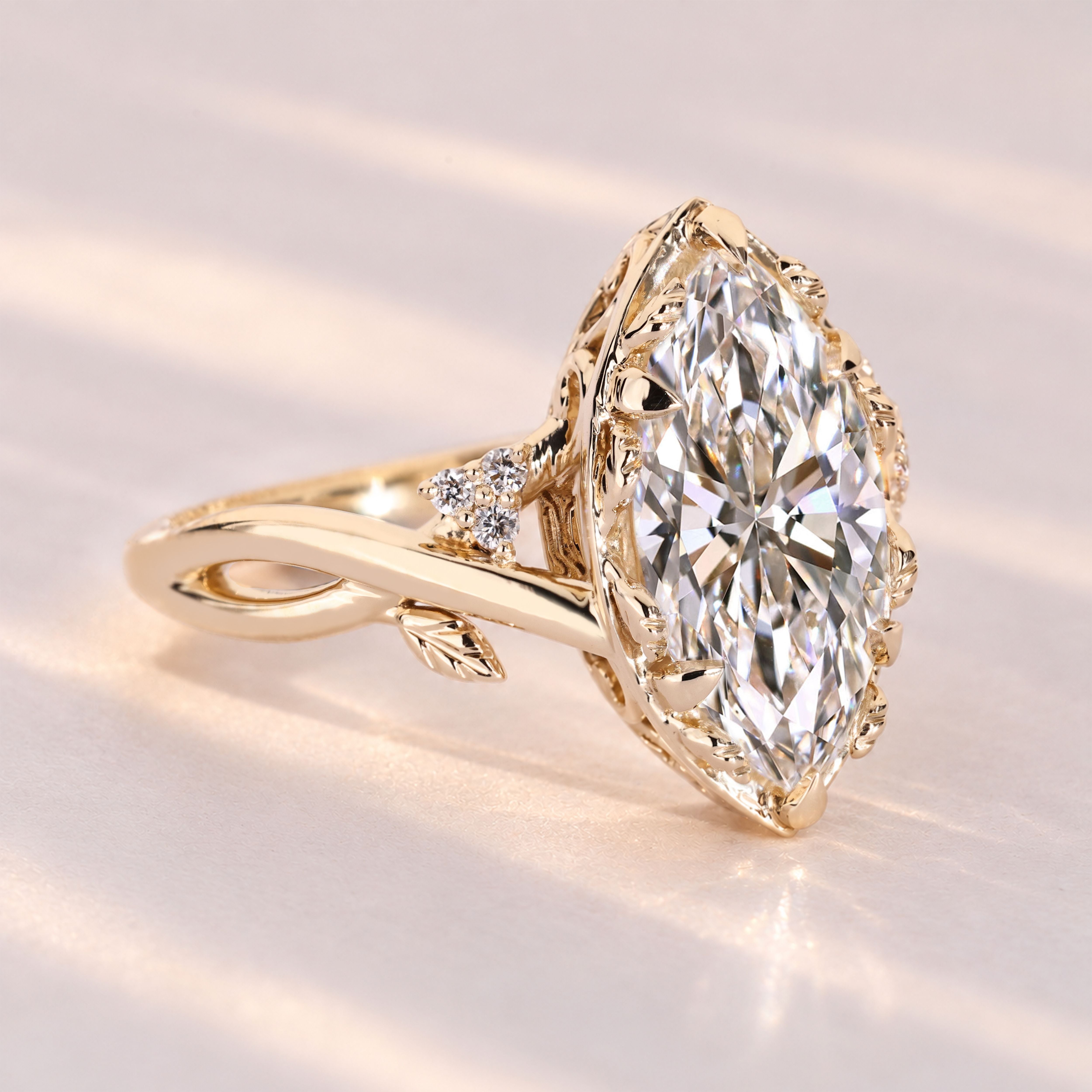Lab grown marquise diamond ring with twisted shank.
