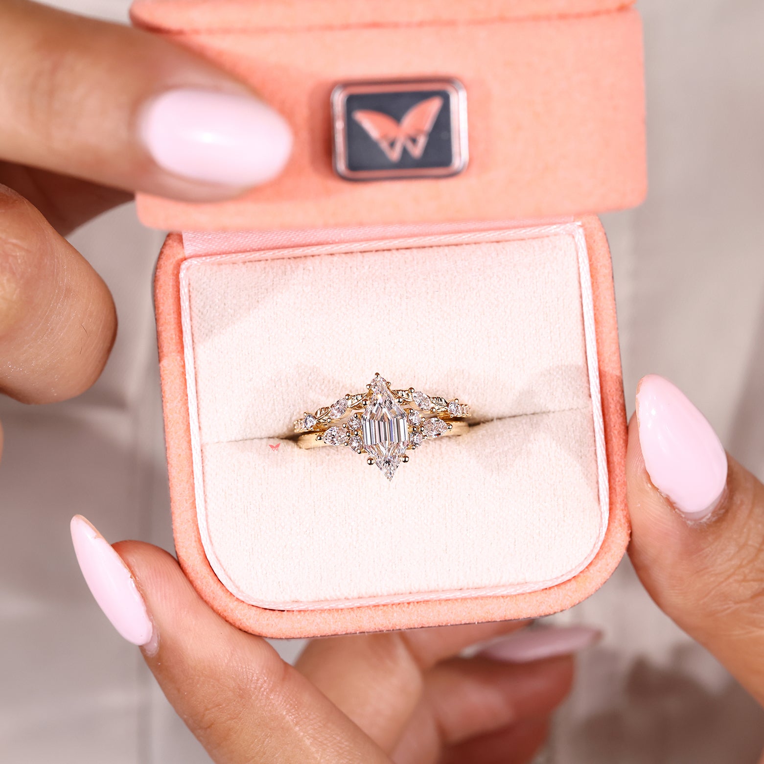 Handmade art deco ring set with curved diamond wedding band
