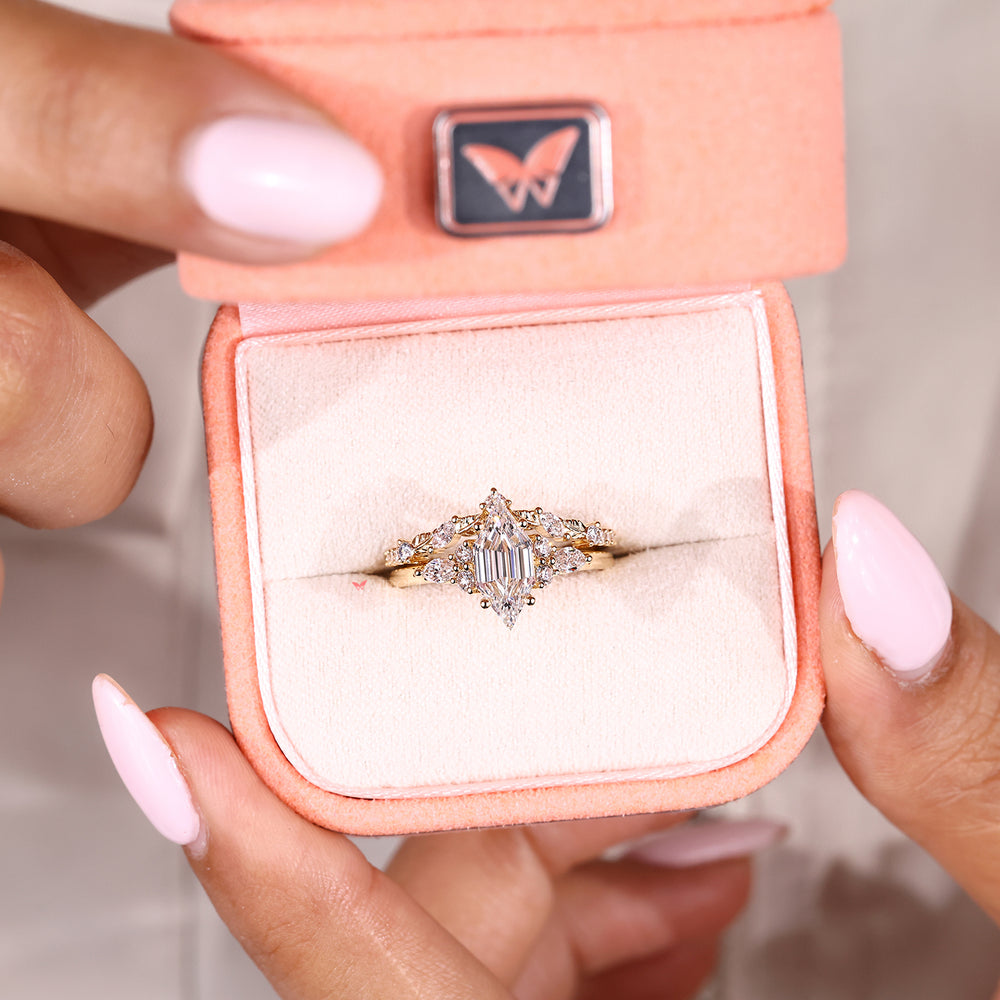 Handmade art deco ring set with curved diamond wedding band

