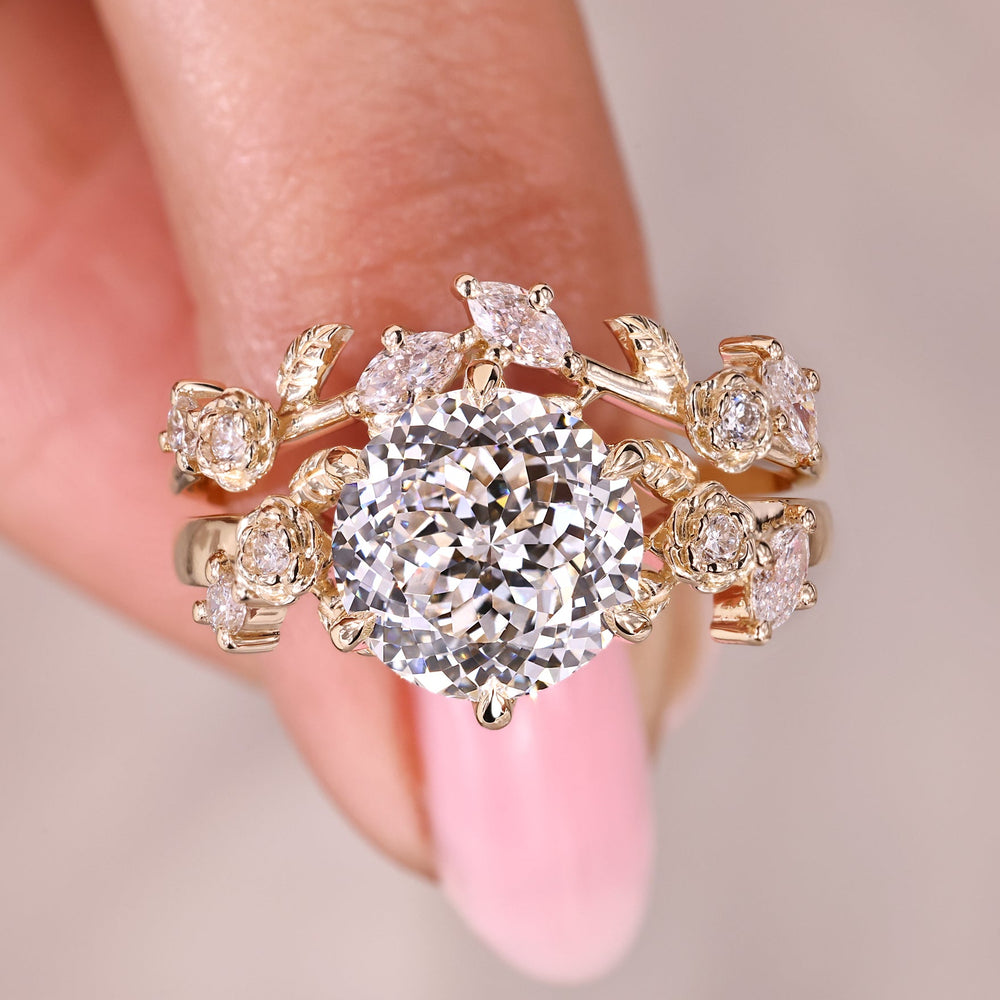 Nature inspired bridal set with Portuguese cut lab grown diamond ring and curved band
