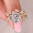 Nature inspired bridal set with Portuguese cut lab grown diamond ring and curved band

