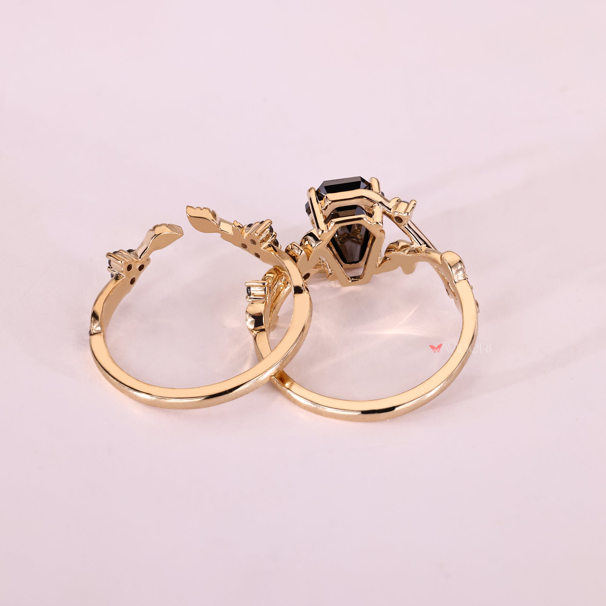 Yellow gold bridal set with coffin cut black moissanite design.