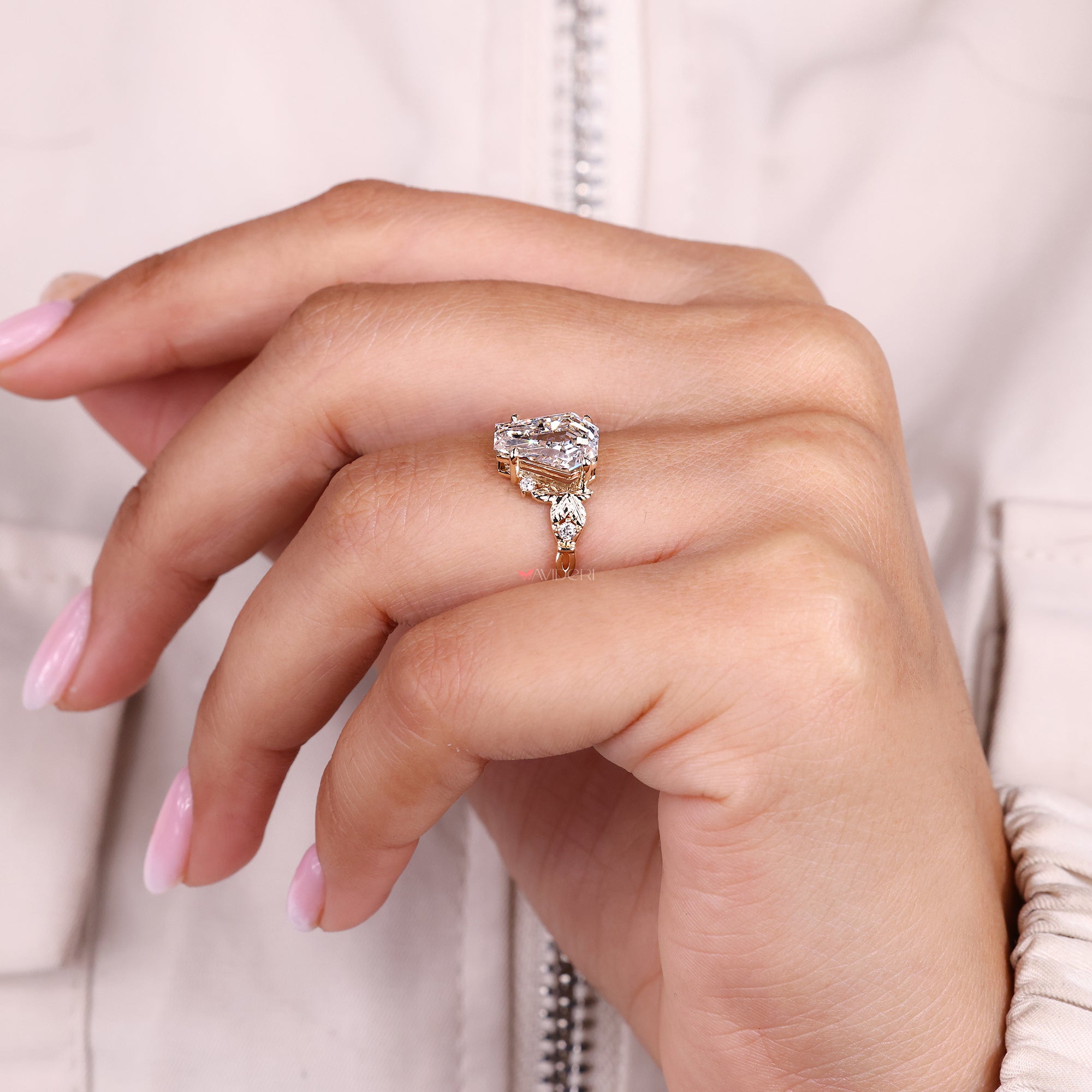 Custom diamond ring with coffin cut.
