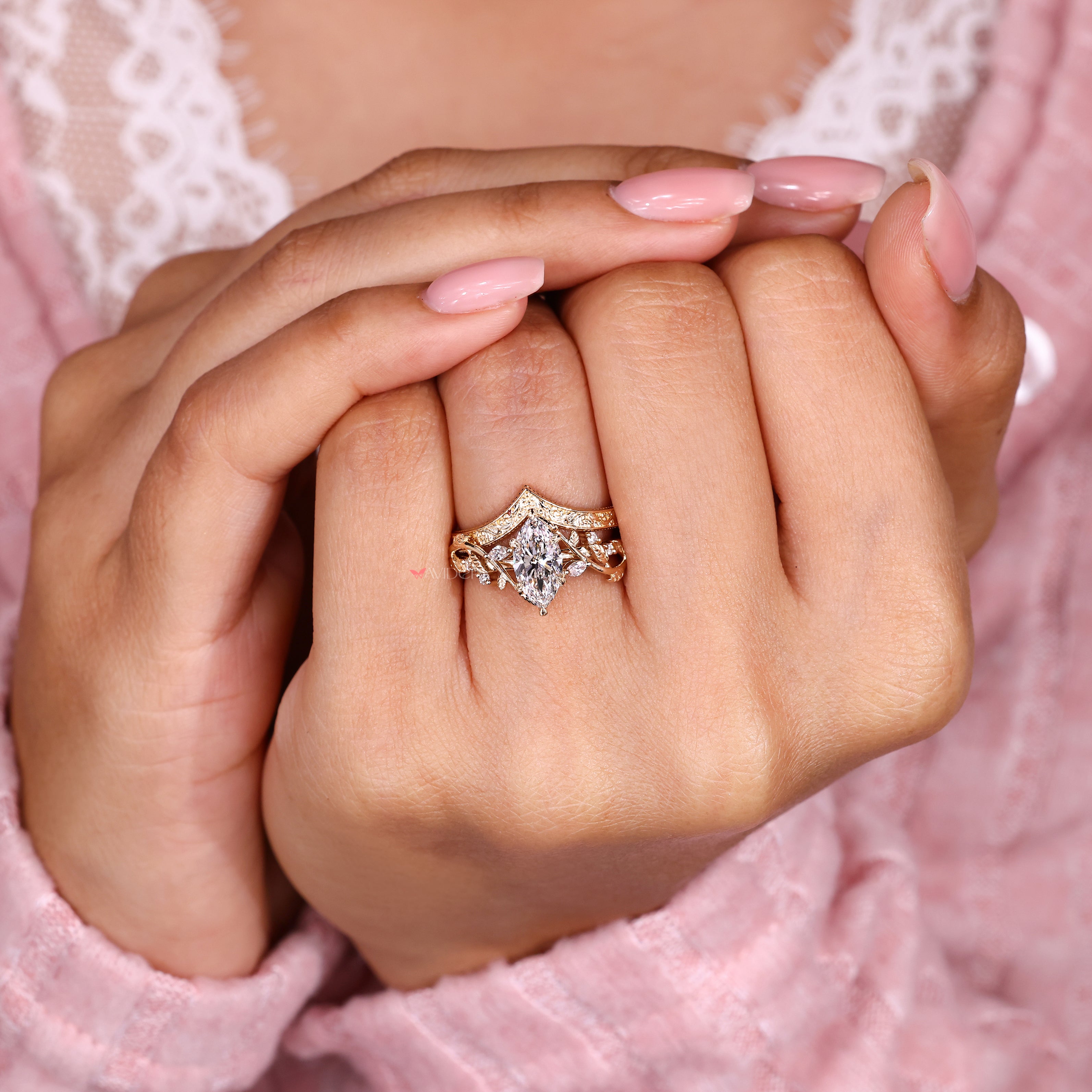 Marquise bridal set with art deco inspired wedding band
