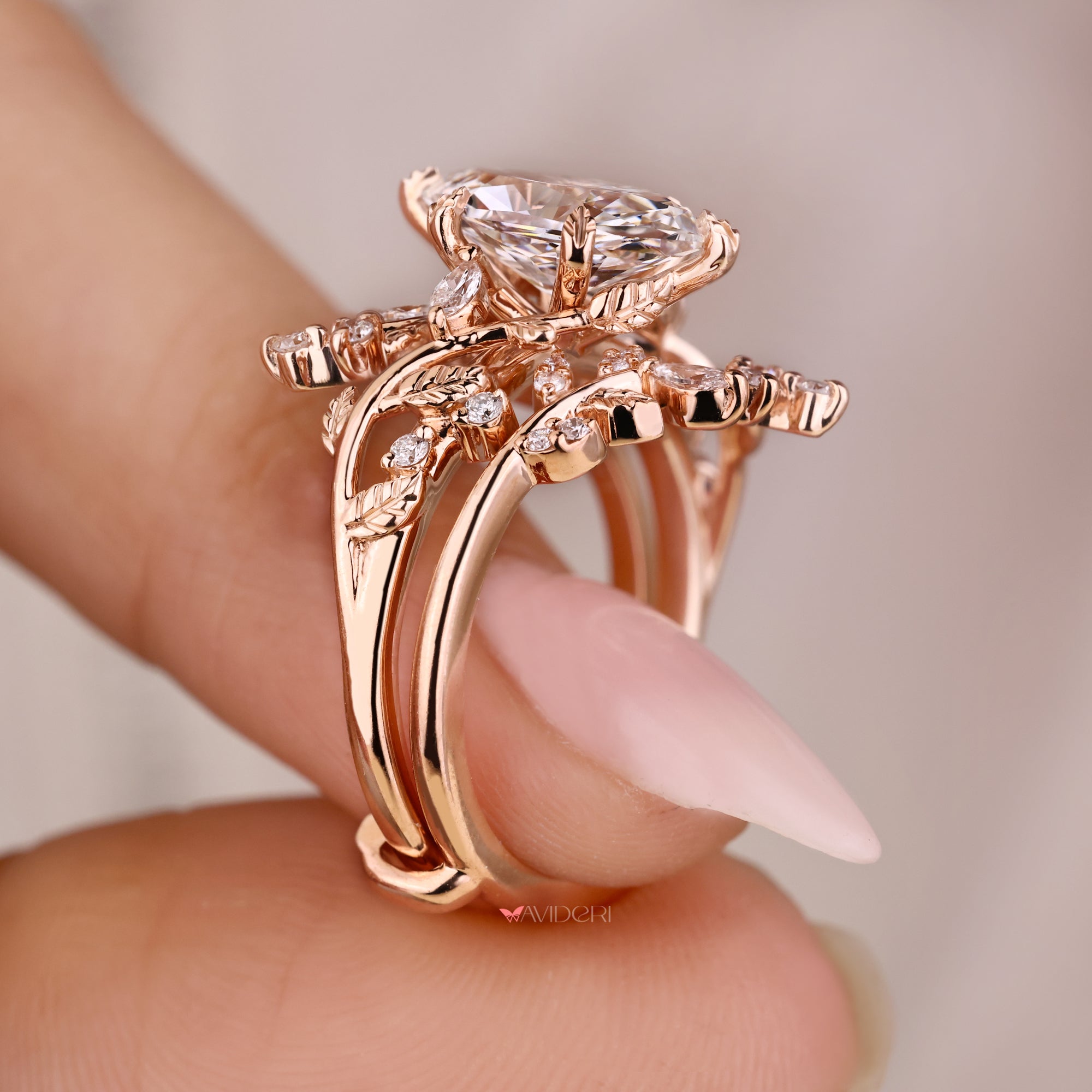 Custom wedding band featuring round cut diamonds.