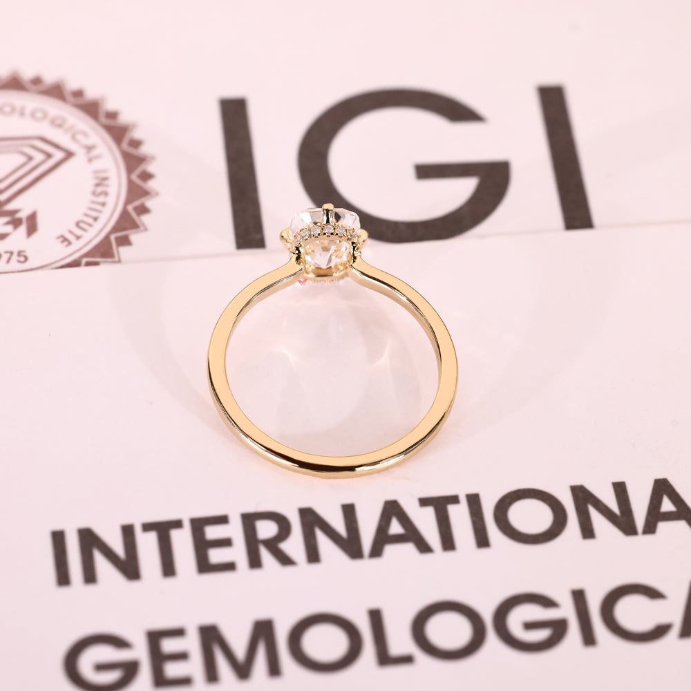 Cushion cut lab diamond ring with compass claw prongs
