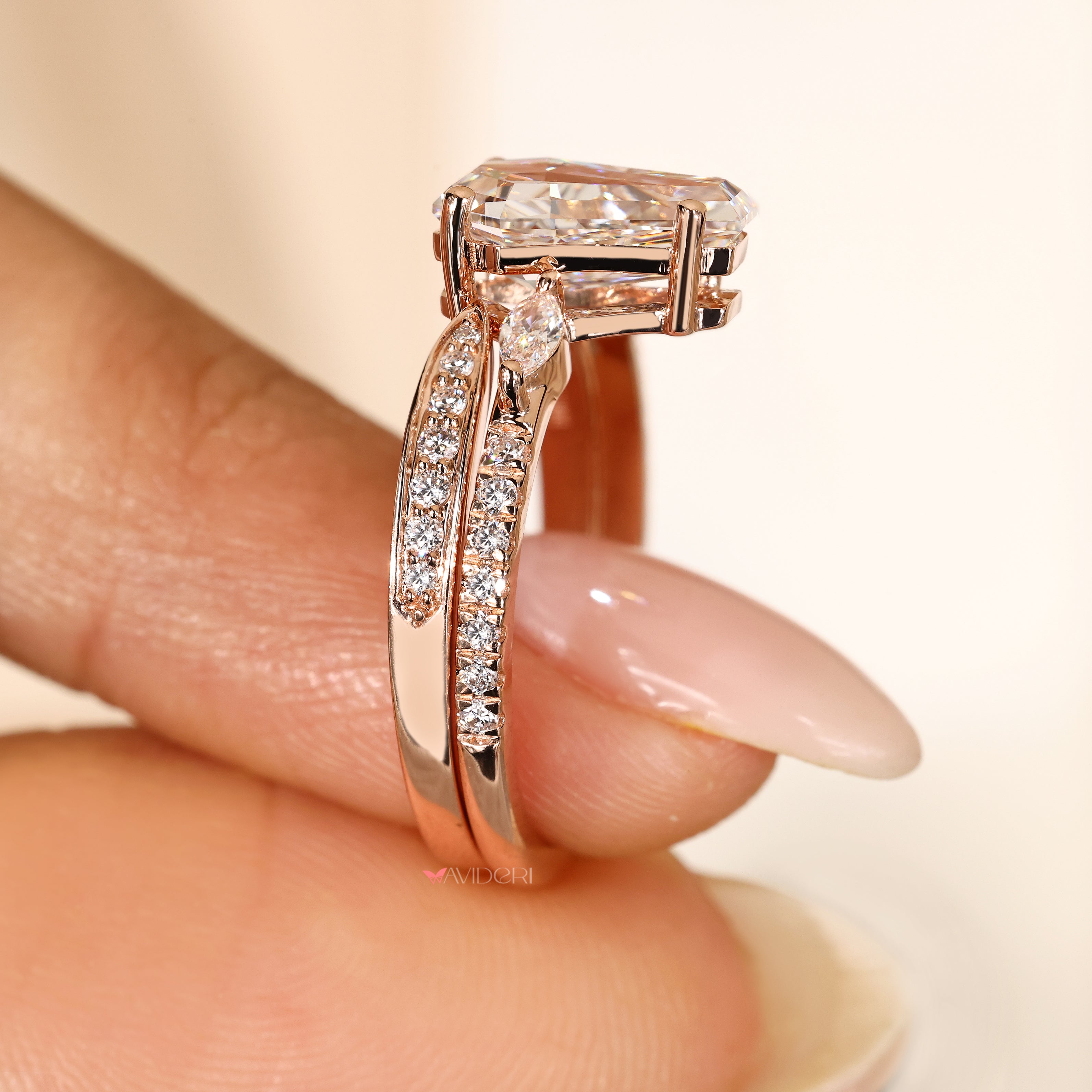 Diamond ring with open gap wedding band design.
