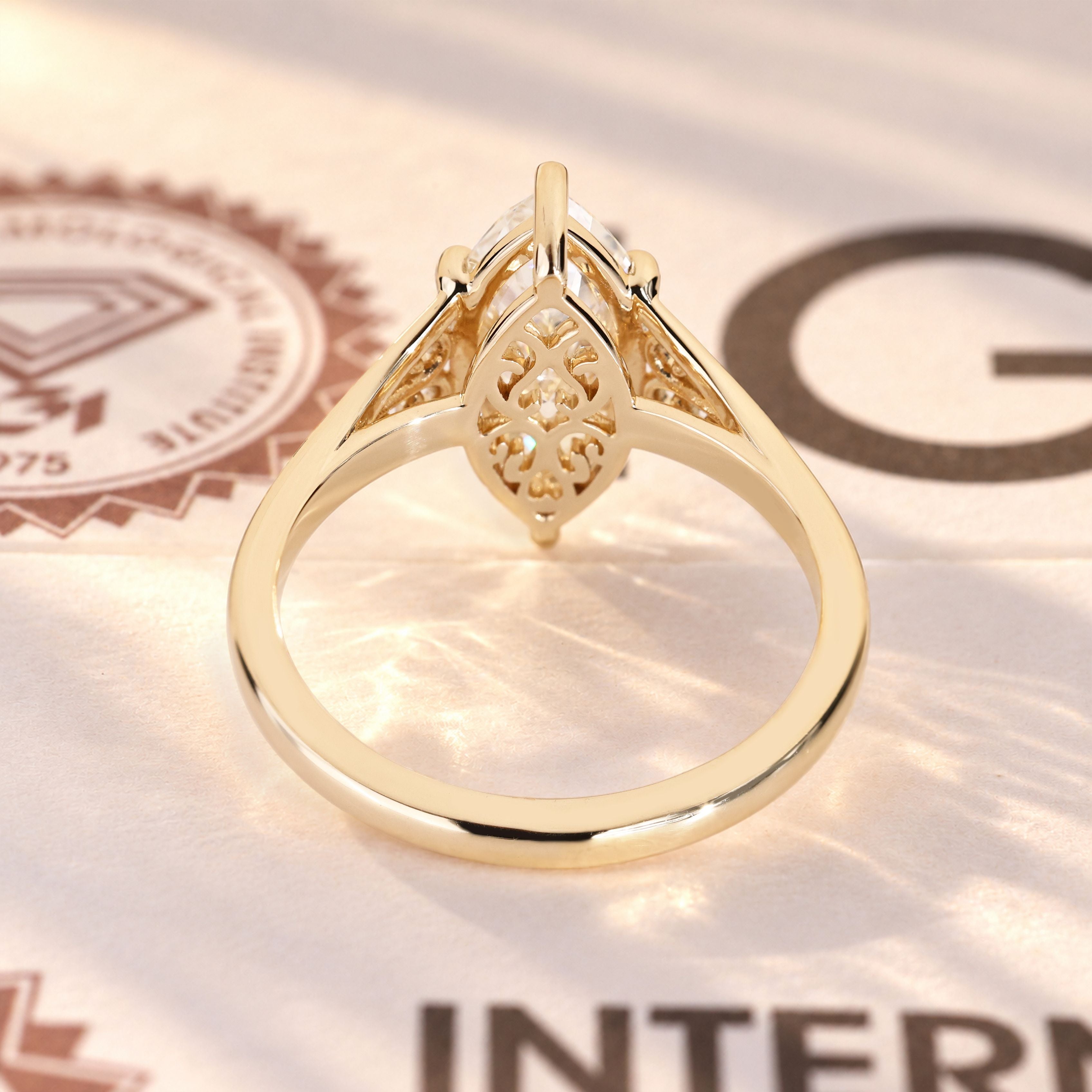 Vintage inspired marquise ring with scrollwork.
