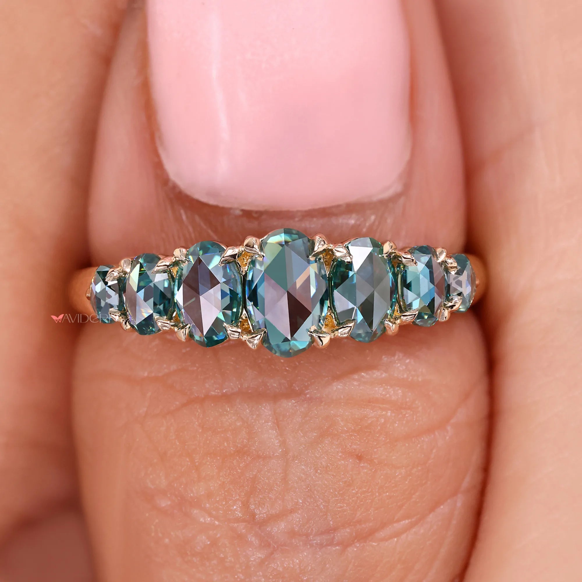 Oval rose cut band with yellow gold wedding band.
