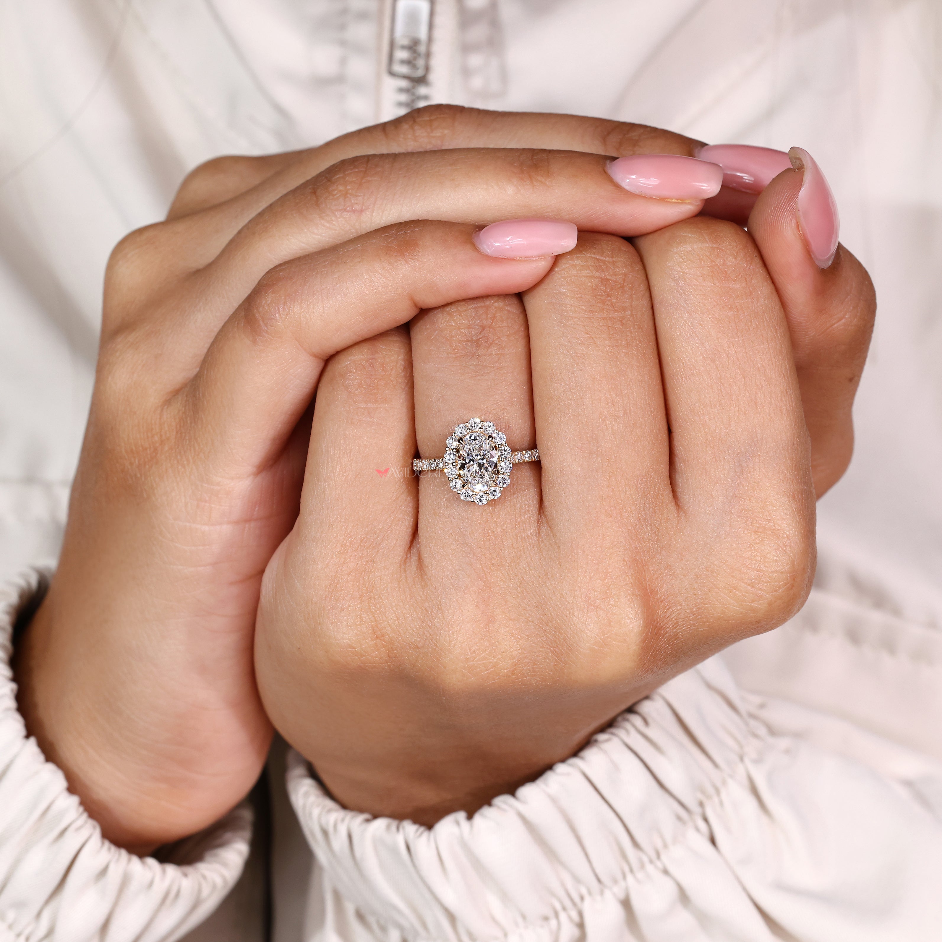 Oval lab grown diamond ring with cathedral style setting

