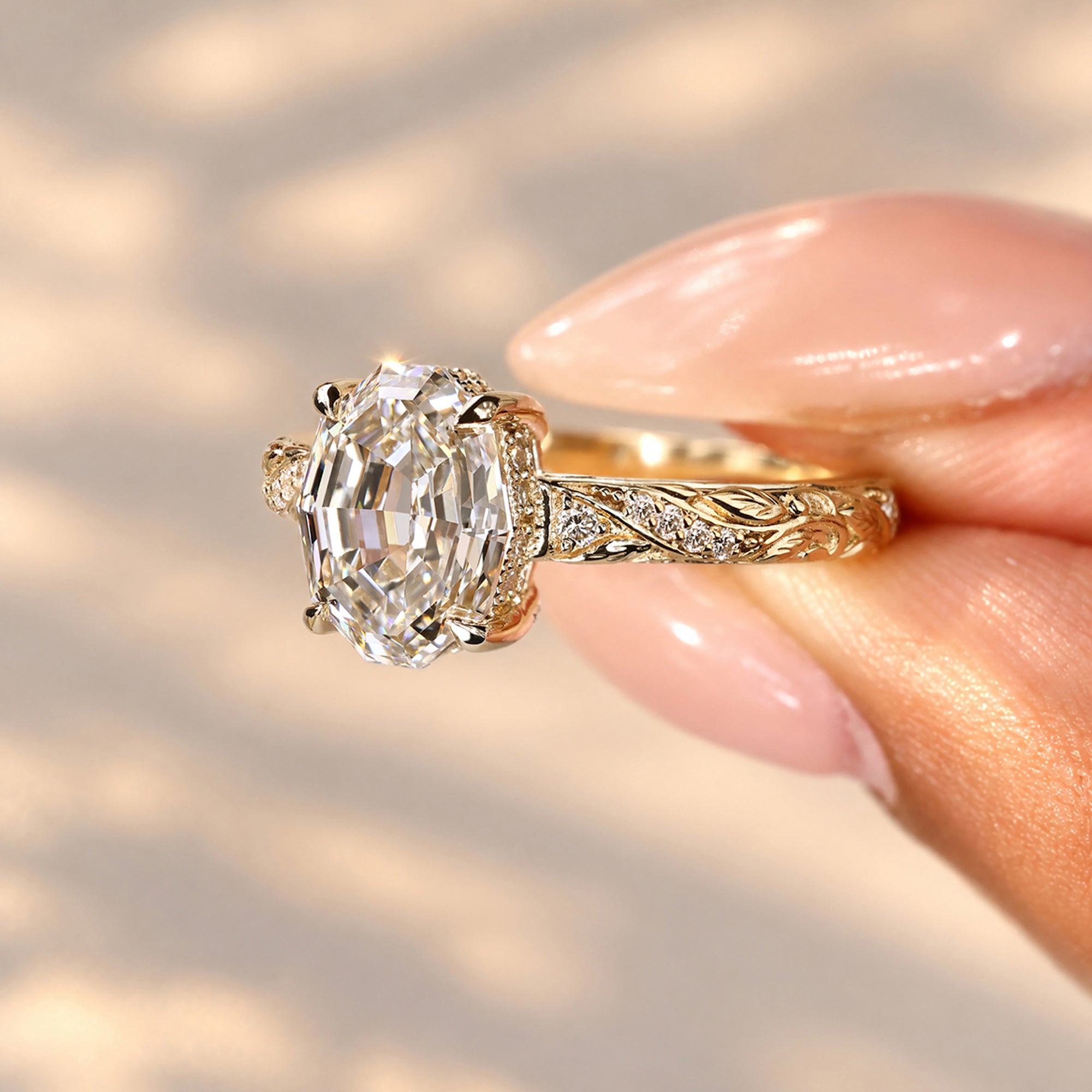 Engagement ring with ornate botanical filigree shank
