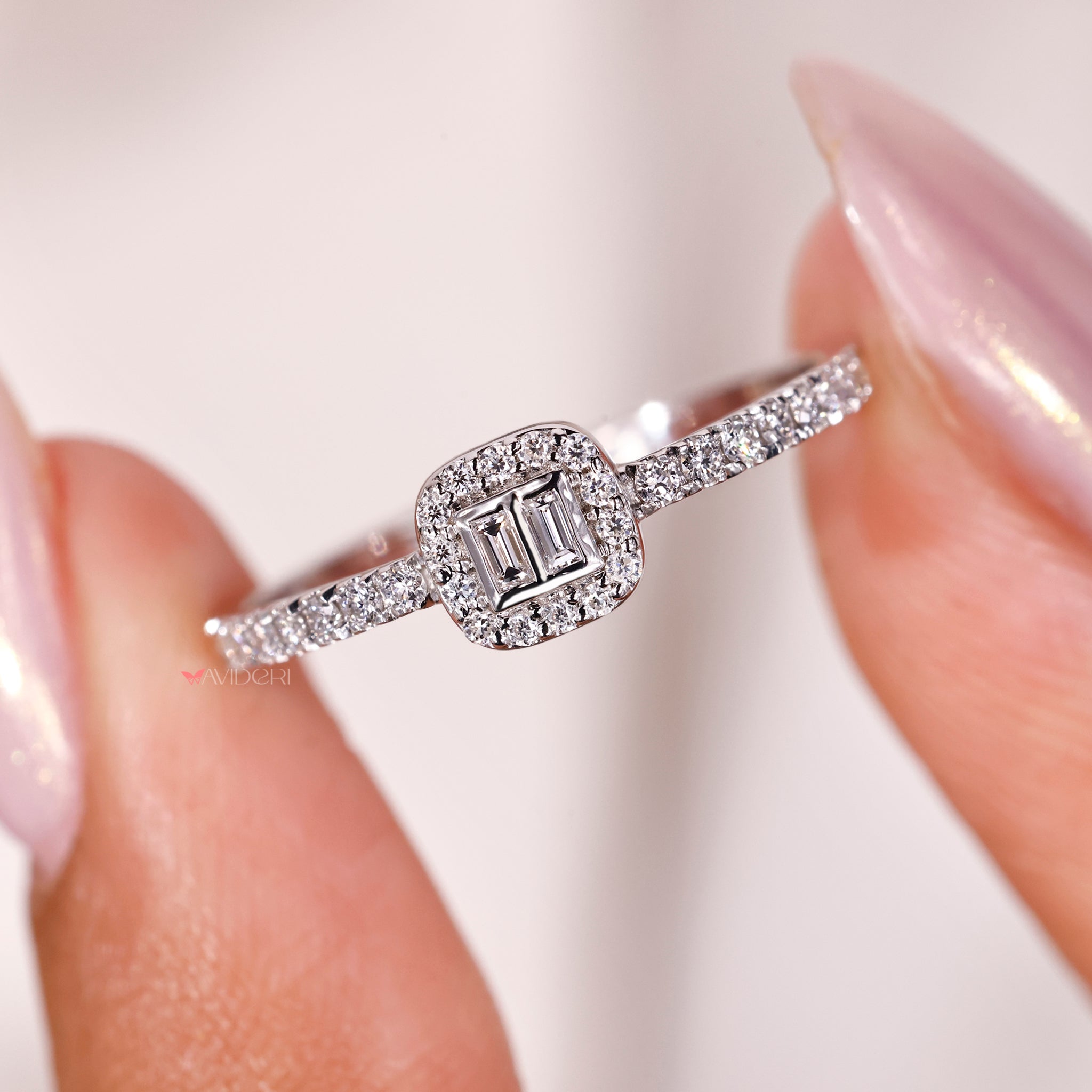 lab grown baguette diamond ring with minimalist bezel or prong setting.