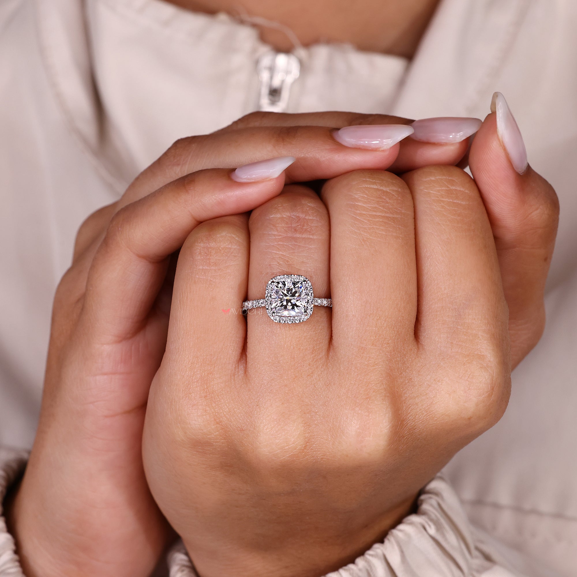 Lab grown cushion diamond ring with refined sparkle.
