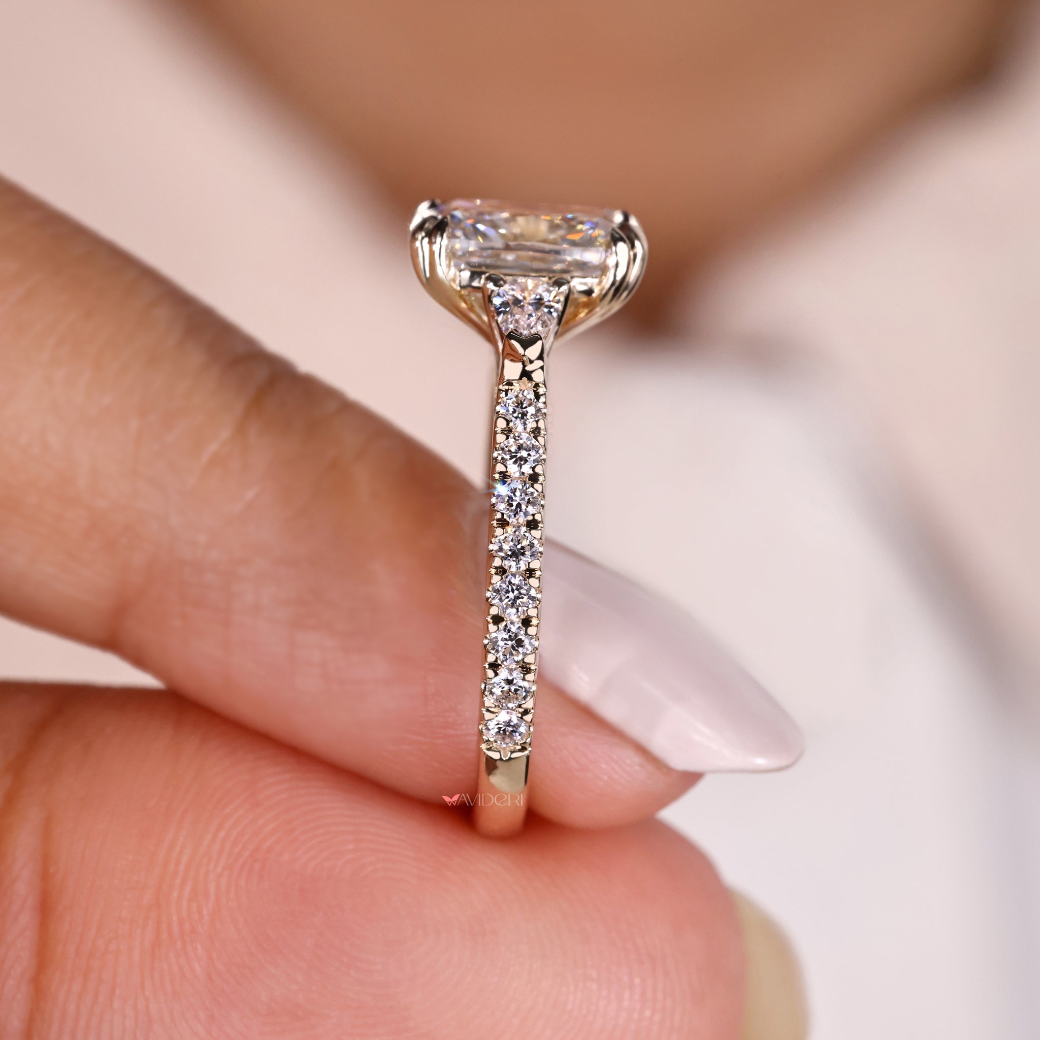 pave diamond band three stone engagement ring
