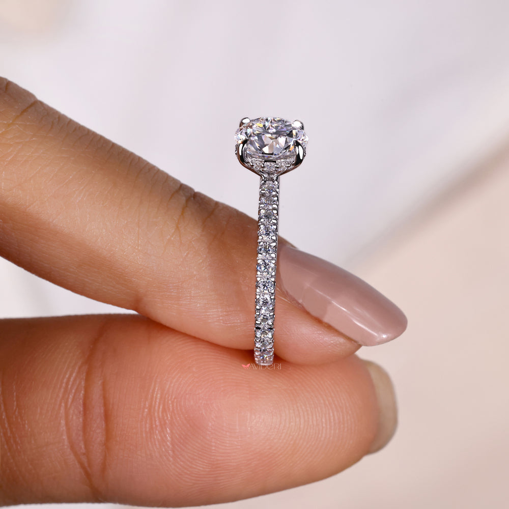Pave setting accentuates the hidden halo diamond ring, ensuring maximum sparkle and elegance.
