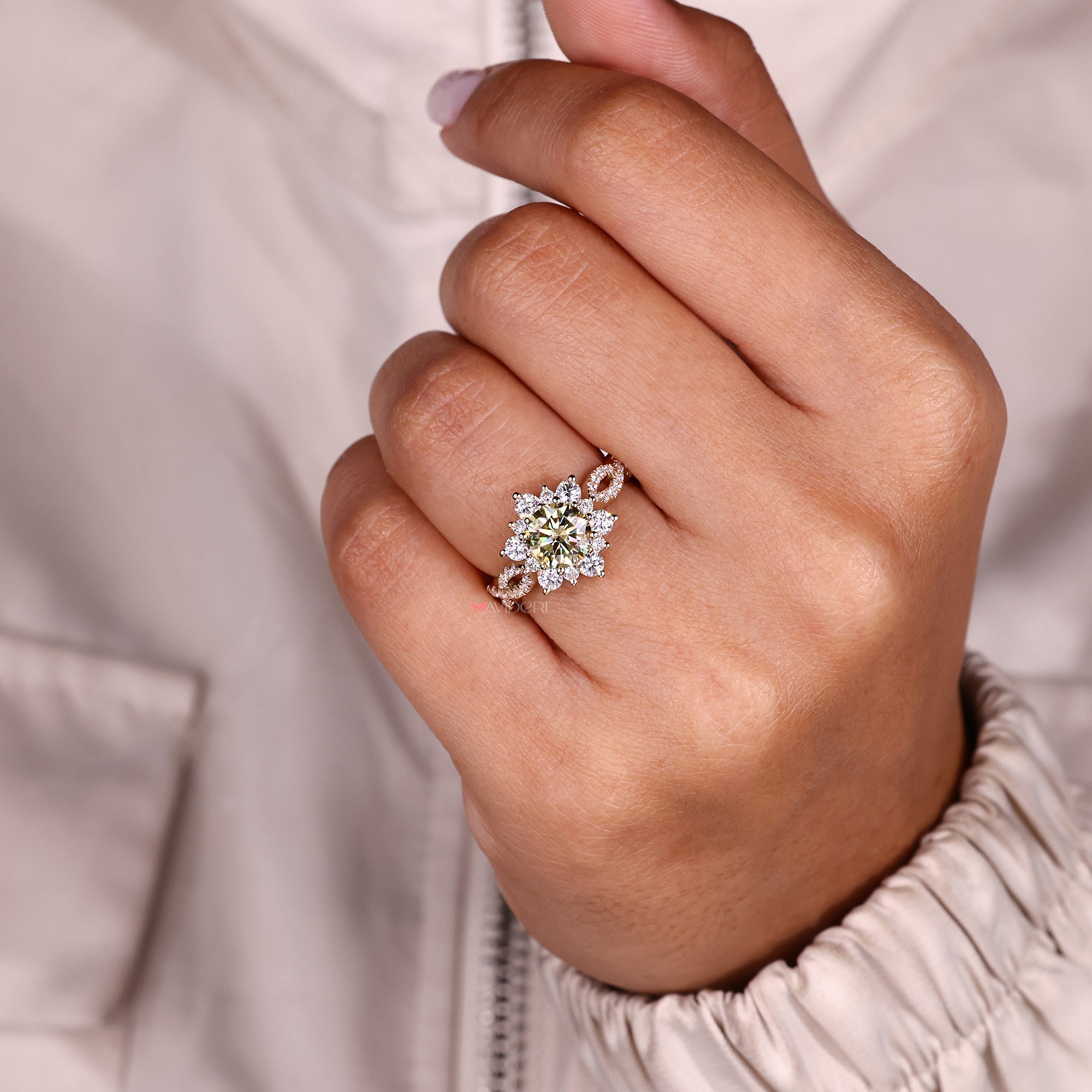 Moissanite gold ring blends warm tones with modern brilliance.
