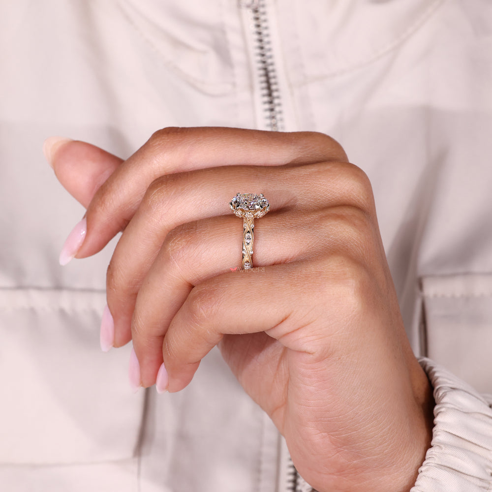 Lab grown oval engagement ring vintage style.
