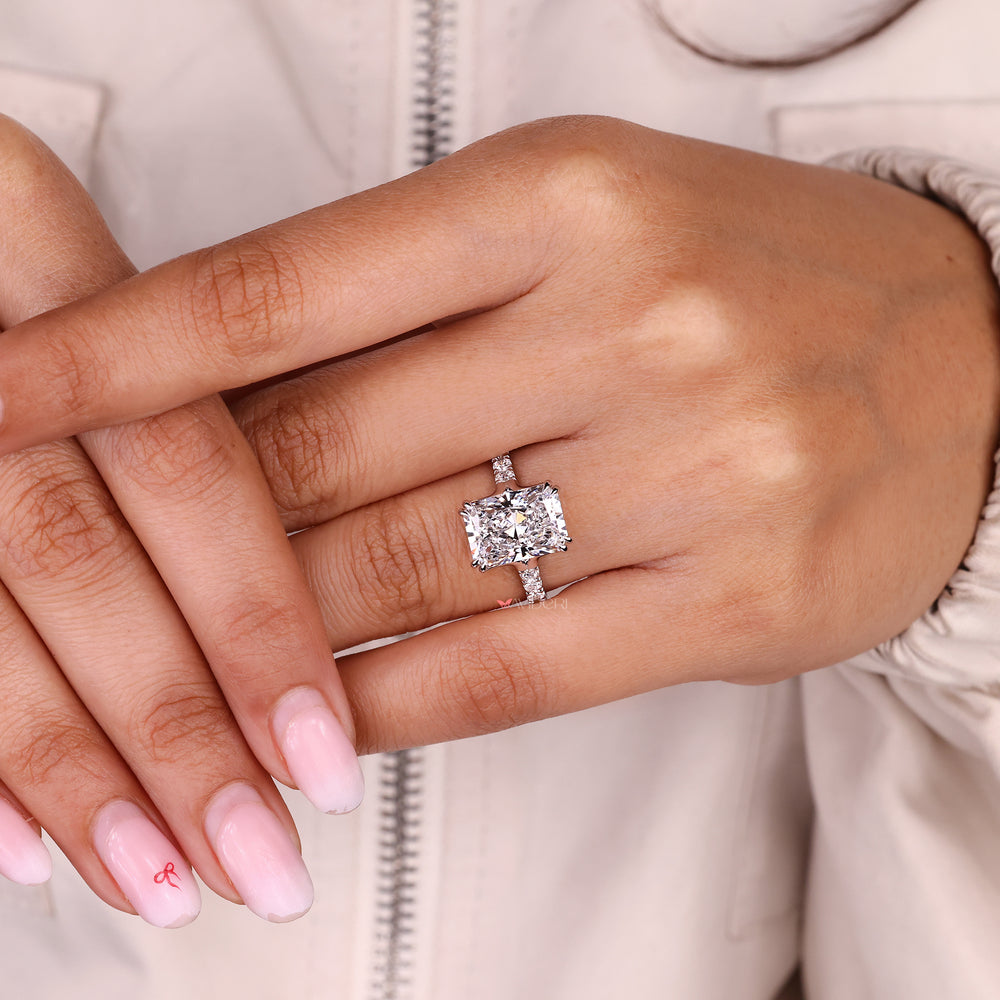 IGI certified radiant cut diamond ring with trellis style.
