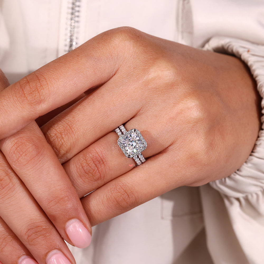 Princess cut ring with band on custom Moissanite Bridal Set.
