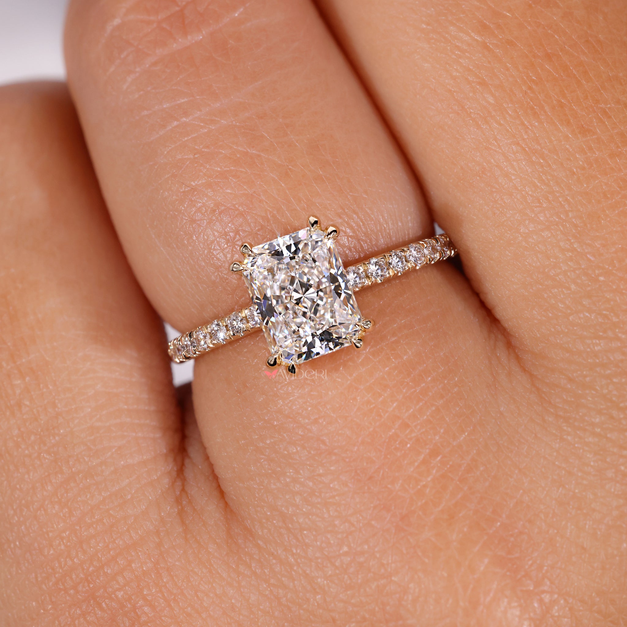 Avideri engagement ring with hidden halo radiant engagement ring.