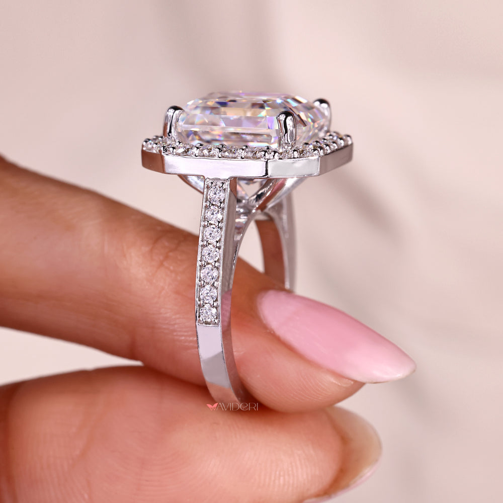 Asscher cut moissanite ring with pave halo setting.