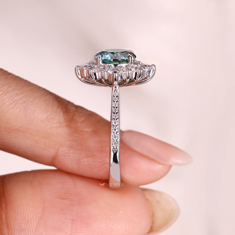 Round moissanite ring with cluster style design.
