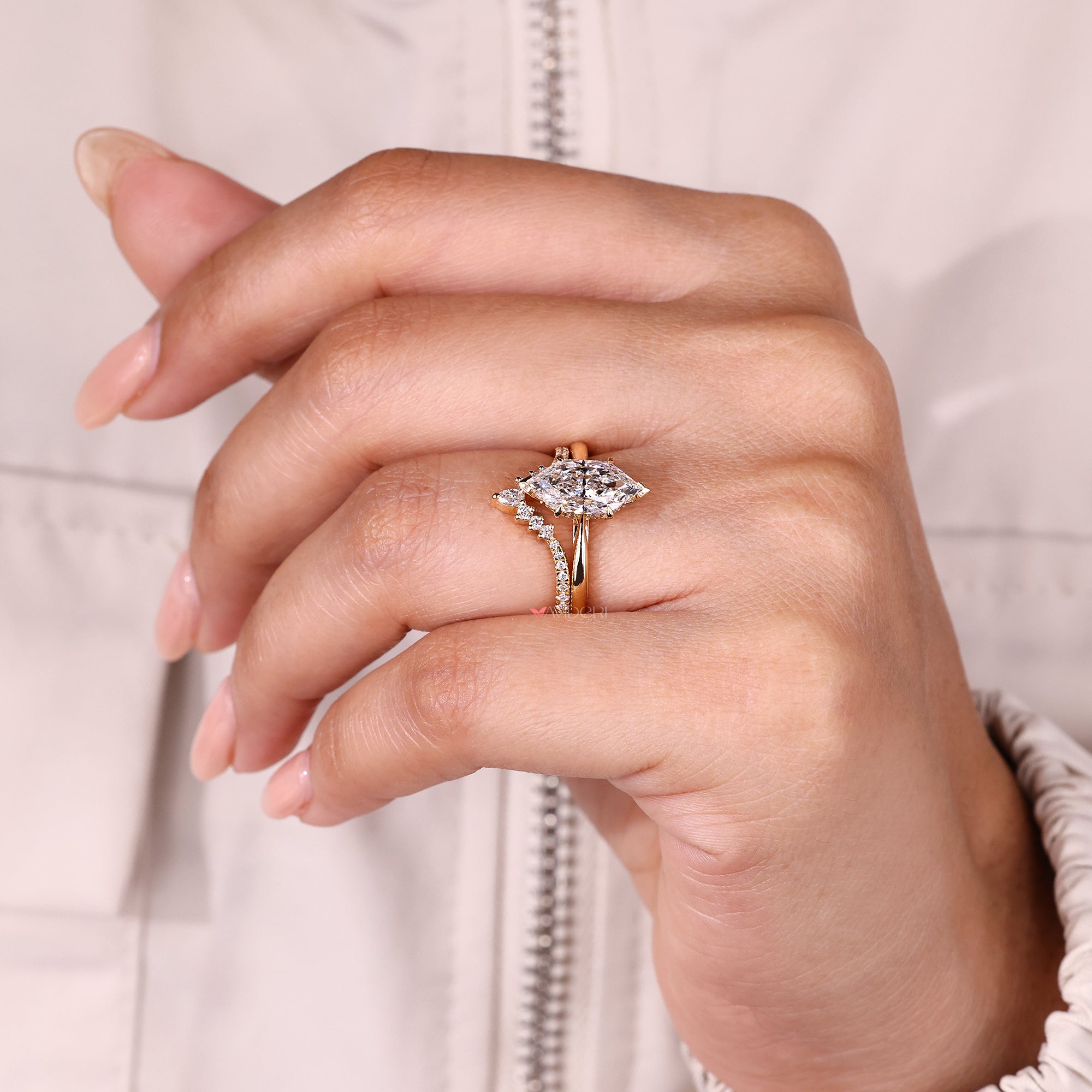 Dutch marquise engagement ring with V shaped band.
