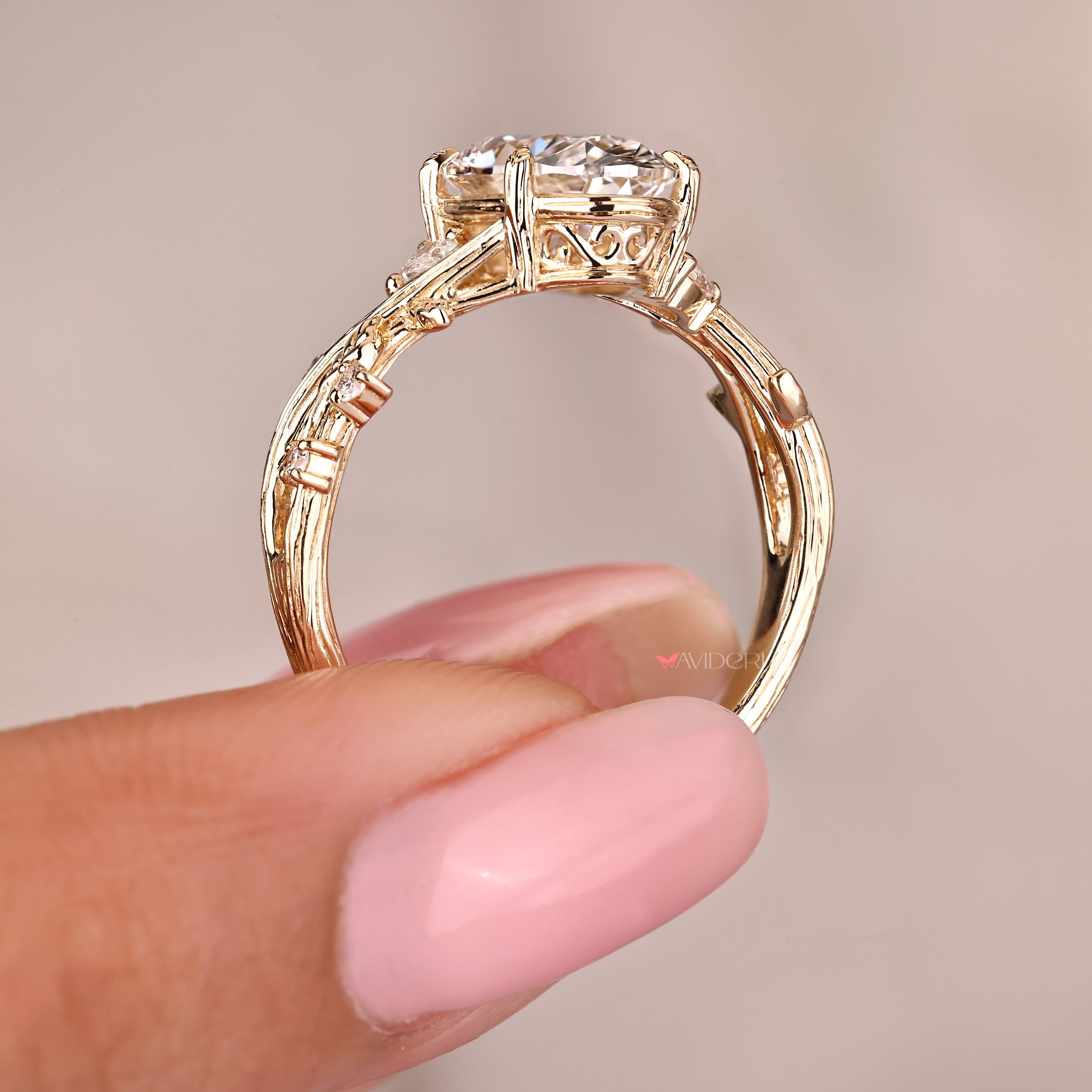 Nature inspired diamond ring with split shank design details
