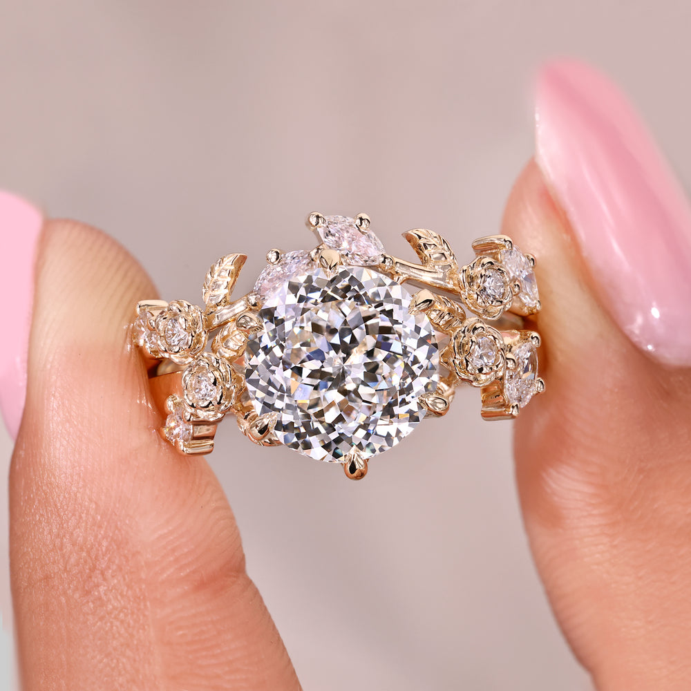 Handmade bridal set with Portuguese cut diamond ring and curved nature band
