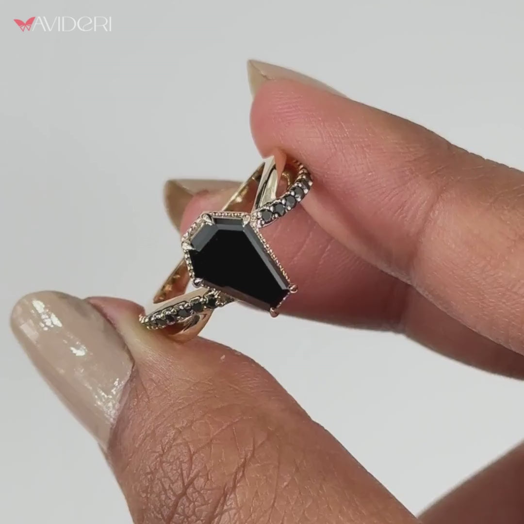 Elegant coffin engagement ring with a bold, timeless appeal.

