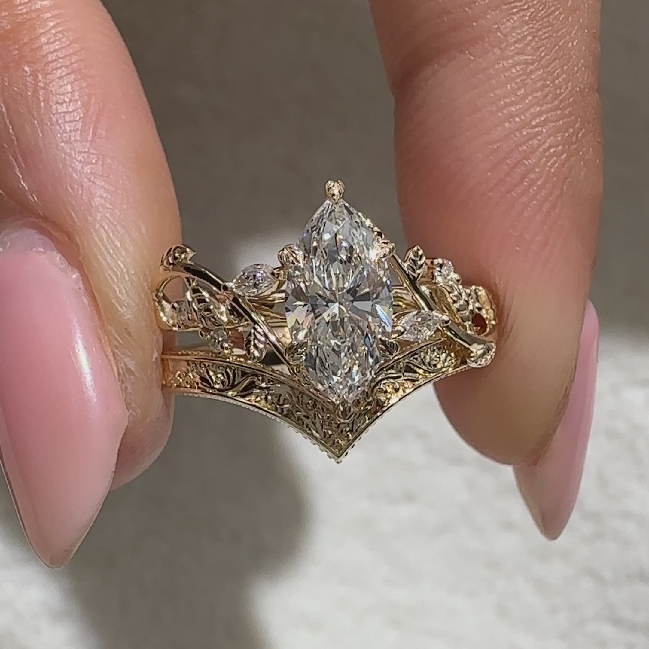 IGI certified bridal set with marquise center diamond design
