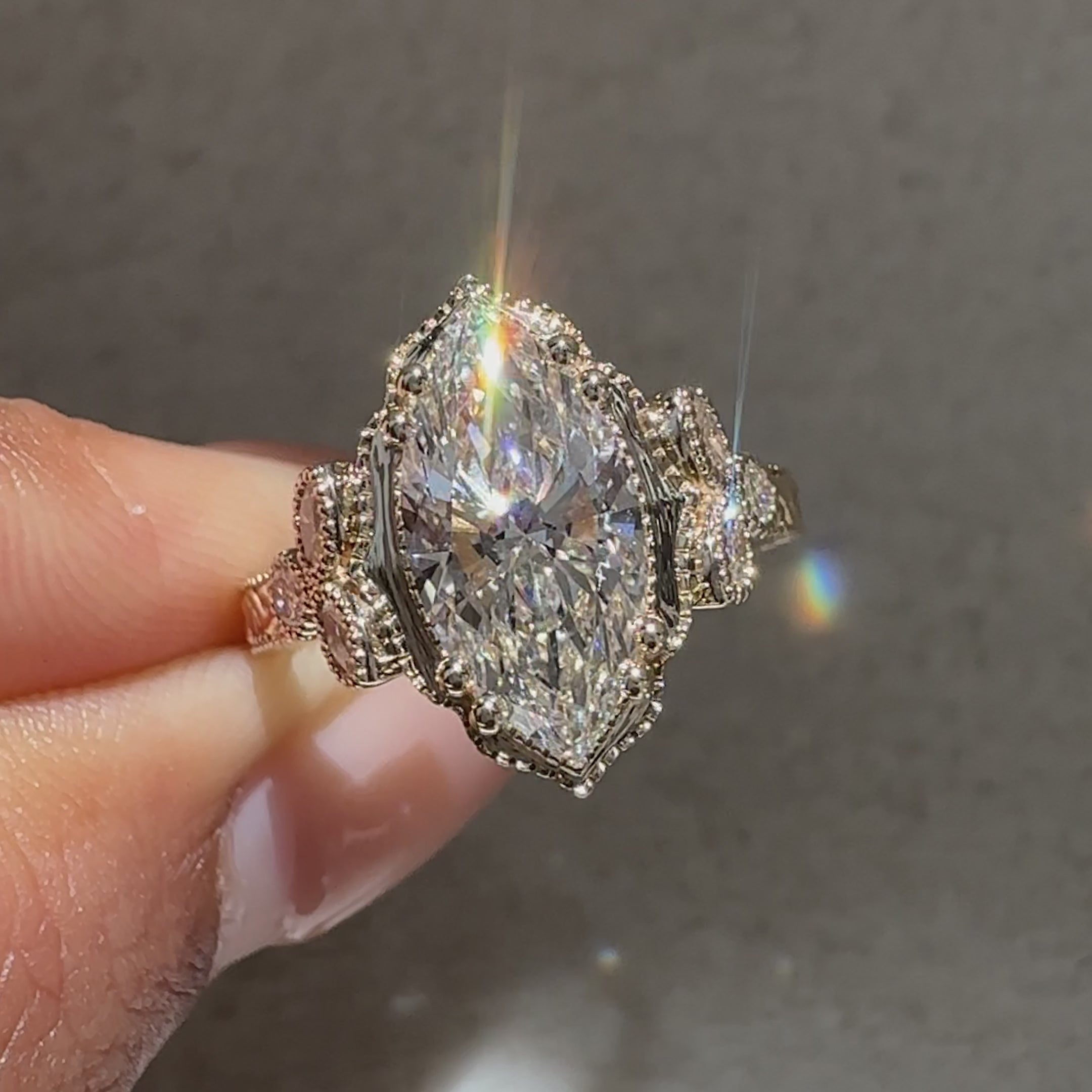 Avideri marquise diamond ring with double prongs and milgrain
