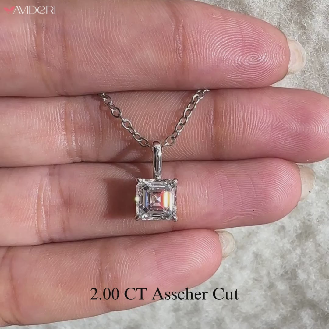 Asscher cut diamond pendant in 4 claw prong style.
