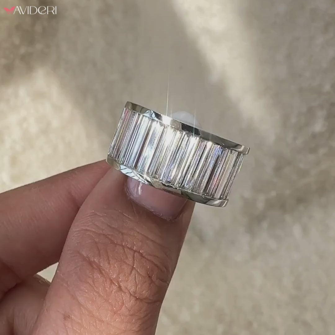 Baguette cut wedding band for half eternity style.

